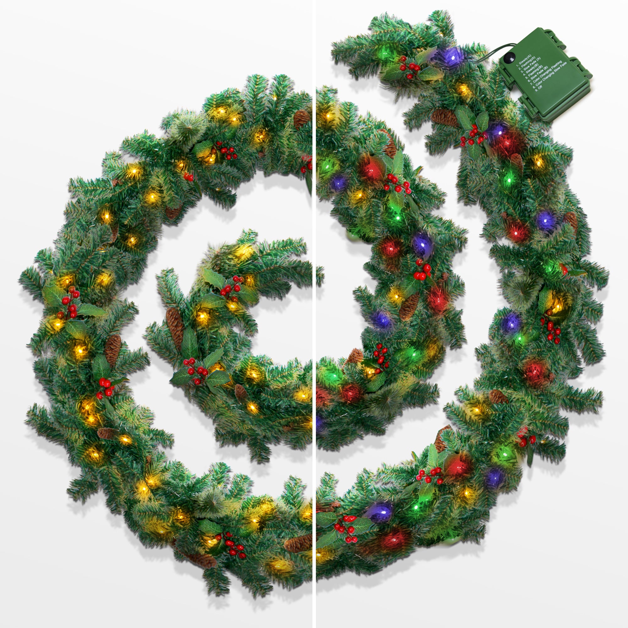 VeryMerry 9FT Pre-Lit Garland 2 In 1 Dual-Color - Warm White/Multi Colour with 50 LED Lights with Auto-Off Timer, 9 Lighting Modes - 2.7m