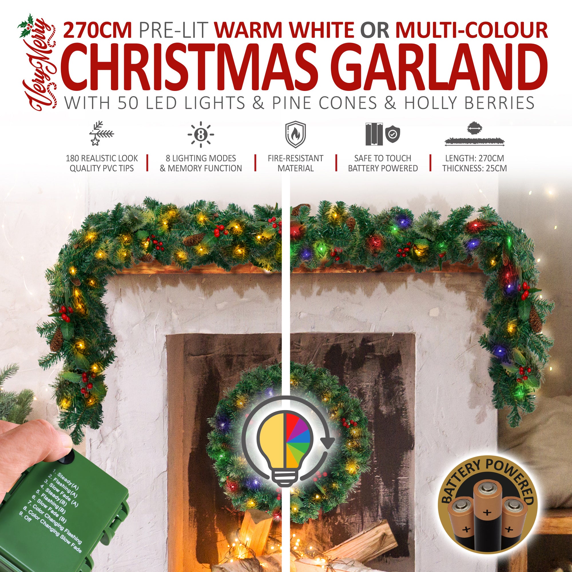 VeryMerry 9FT Pre-Lit Garland 2 In 1 Dual-Color - Warm White/Multi Colour with 50 LED Lights with Auto-Off Timer, 9 Lighting Modes - 2.7m