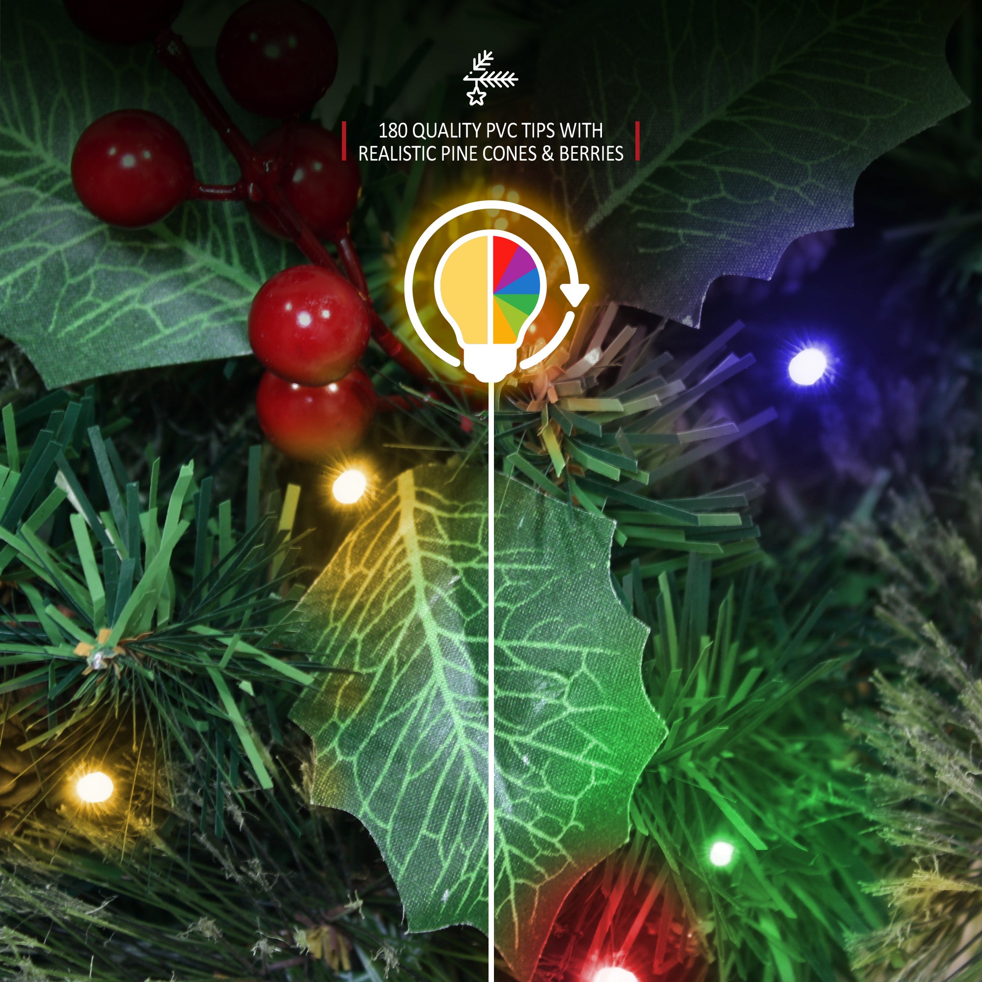 VeryMerry 9FT Pre-Lit Garland 2 In 1 Dual-Color - Warm White/Multi Colour with 50 LED Lights with Auto-Off Timer, 9 Lighting Modes - 2.7m