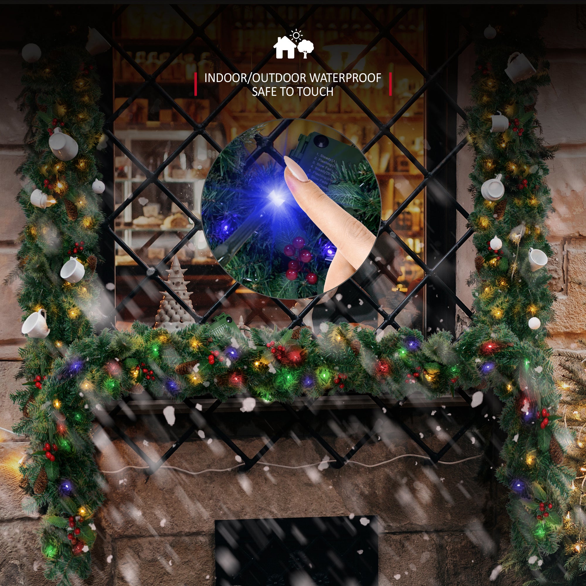 VeryMerry 9FT Pre-Lit Garland 2 In 1 Dual-Color - Warm White/Multi Colour with 50 LED Lights with Auto-Off Timer, 9 Lighting Modes - 2.7m