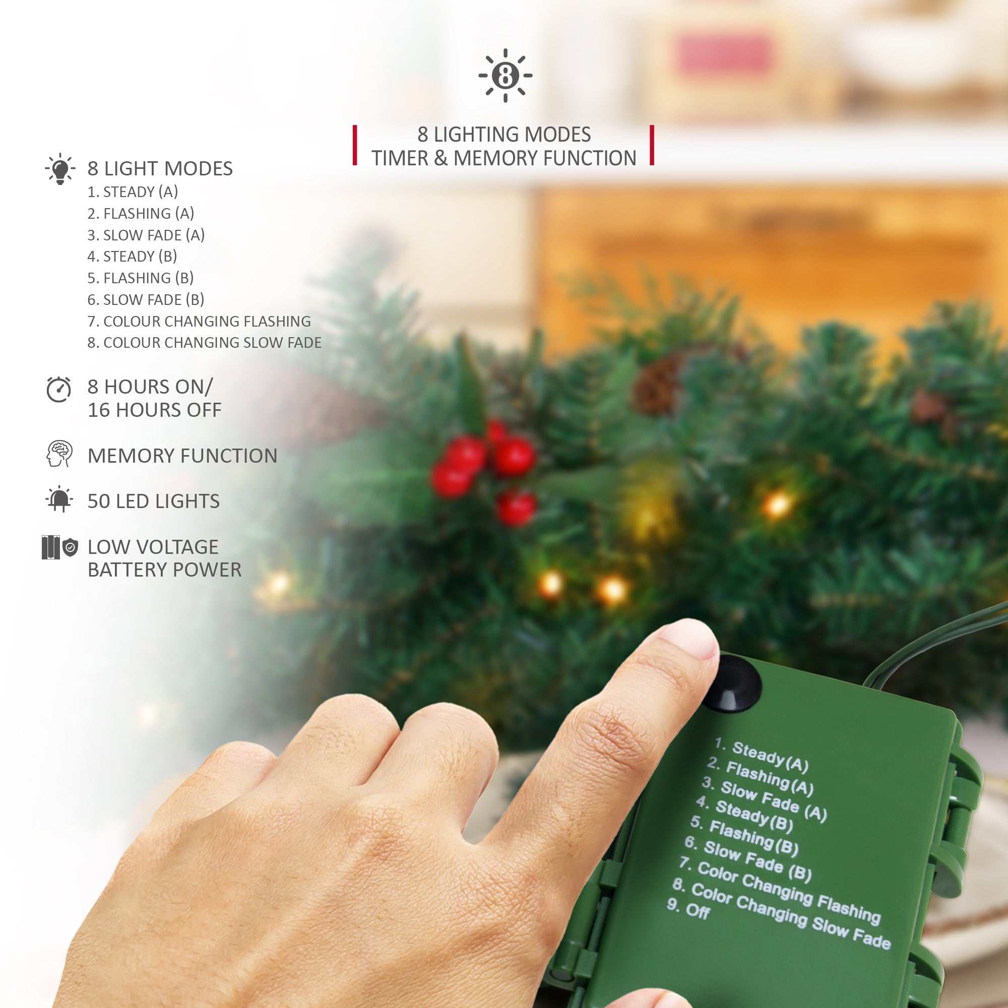 VeryMerry 9FT Pre-Lit Garland 2 In 1 Dual-Color - Warm White/Multi Colour with 50 LED Lights with Auto-Off Timer, 9 Lighting Modes - 2.7m