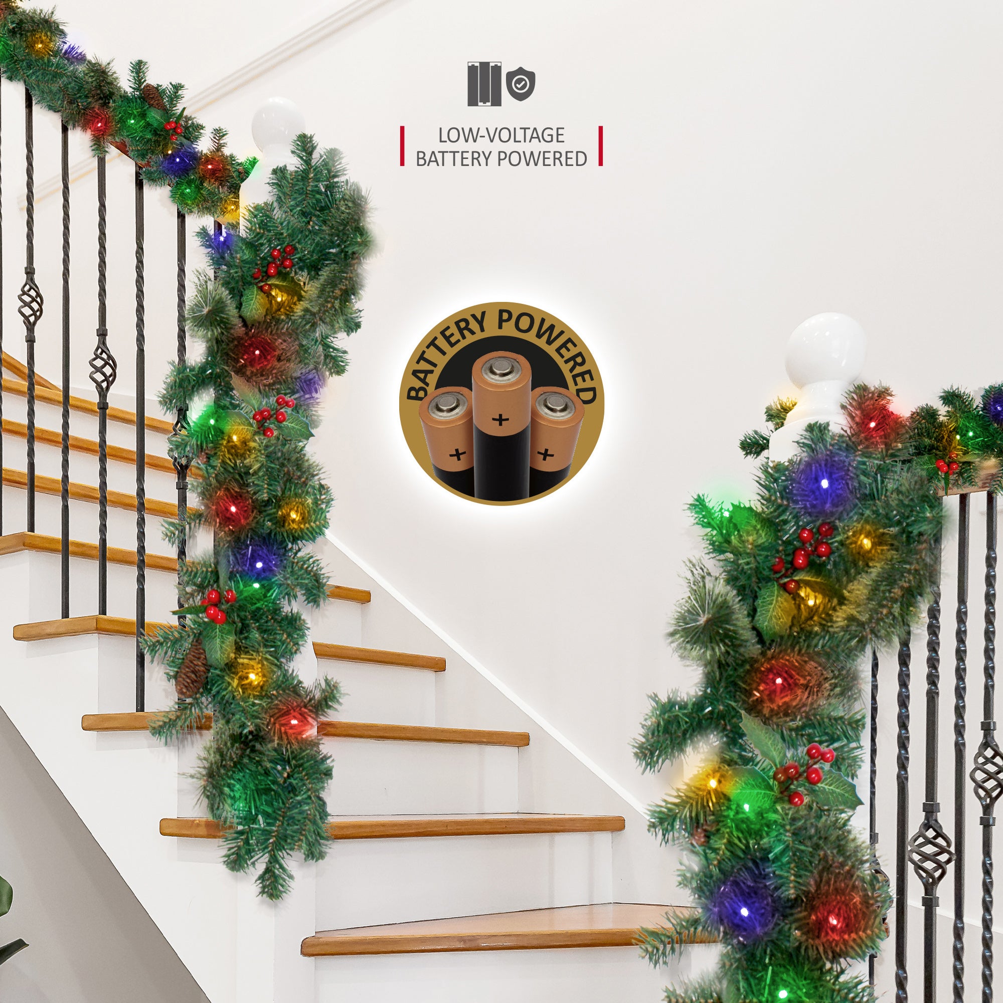 VeryMerry 9FT Pre-Lit Garland 2 In 1 Dual-Color - Warm White/Multi Colour with 50 LED Lights with Auto-Off Timer, 9 Lighting Modes - 2.7m