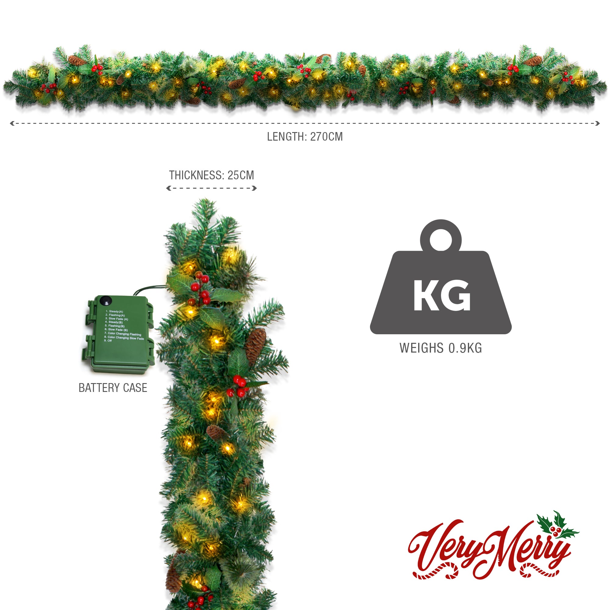 VeryMerry 9FT Pre-Lit Garland 2 In 1 Dual-Color - Warm White/Multi Colour with 50 LED Lights with Auto-Off Timer, 9 Lighting Modes - 2.7m