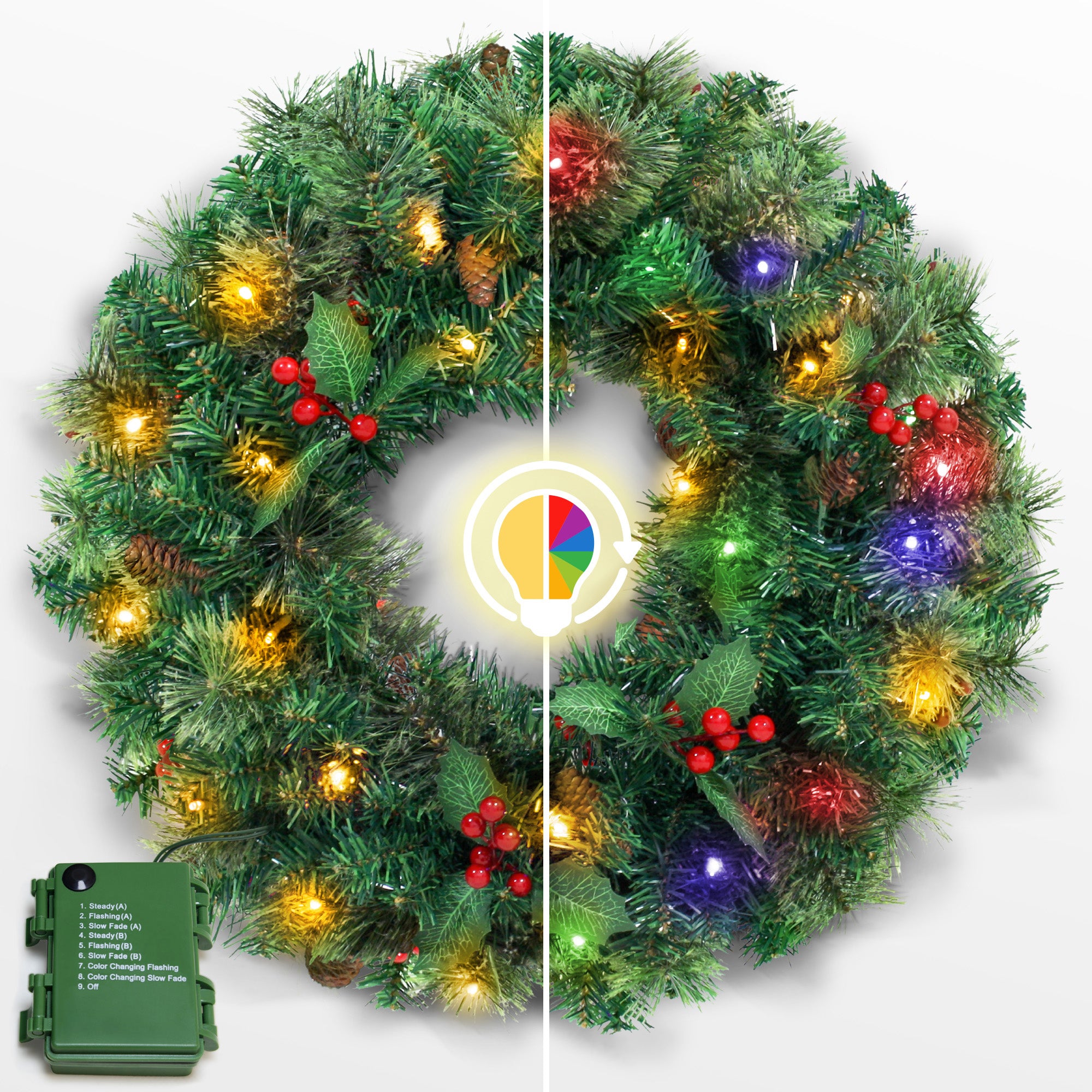 VeryMerry 60cm Christmas Wreath 2 in 1 Dual-Color - Warm White - Multi Colour with 40 LED Lights Pre Lit | Christmas Outdoor&Indoor Door Decorations