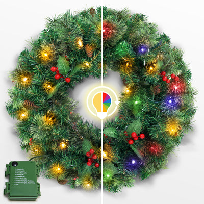 VeryMerry 60cm Christmas Wreath 2 in 1 Dual-Color - Warm White - Multi Colour with 40 LED Lights Pre Lit | Christmas Outdoor&Indoor Door Decorations