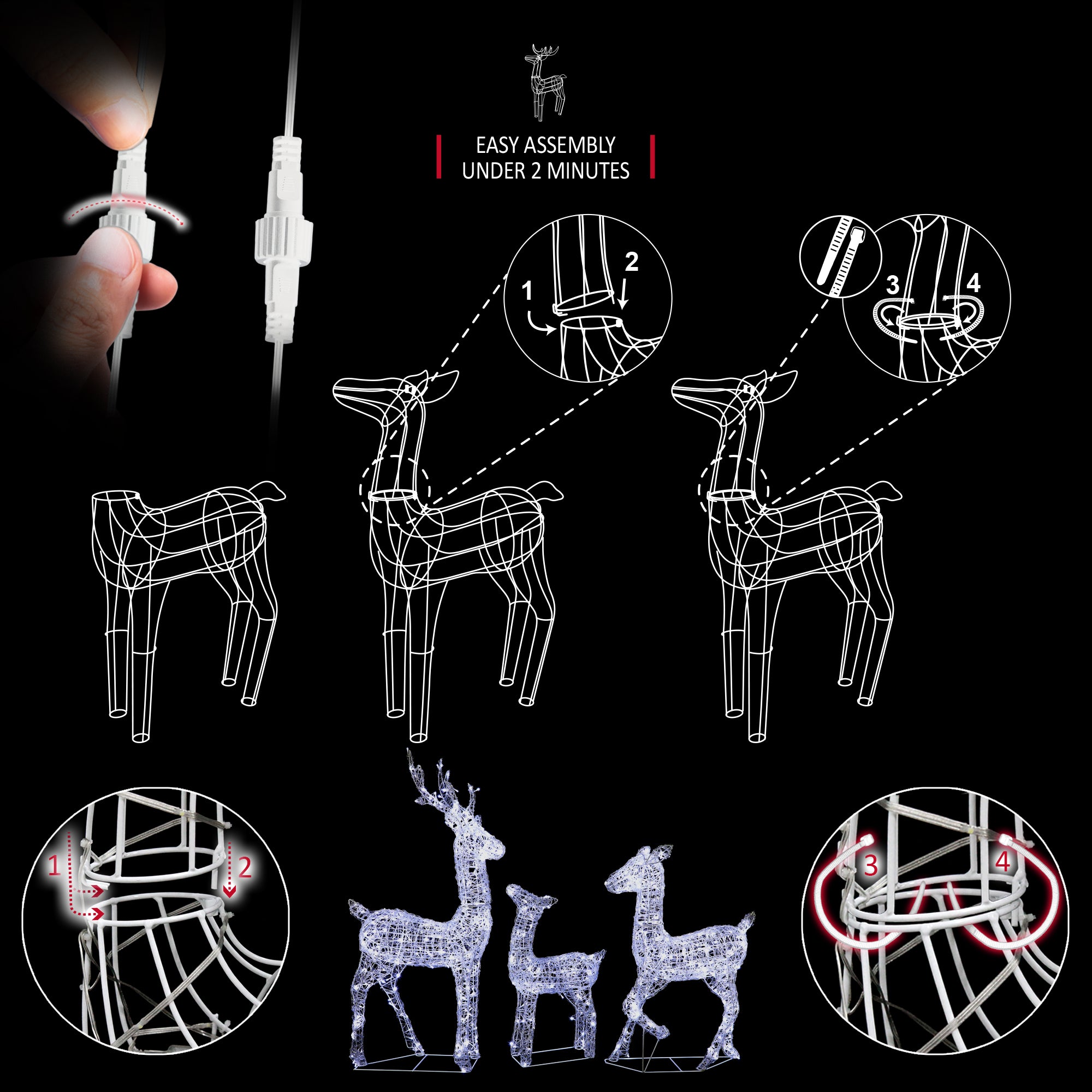 VeryMerry Christmas Reindeer with Sleigh, Cool White LED Light Up Acrylic Figures Garden Christmas Decoration, Auto-Off Timer