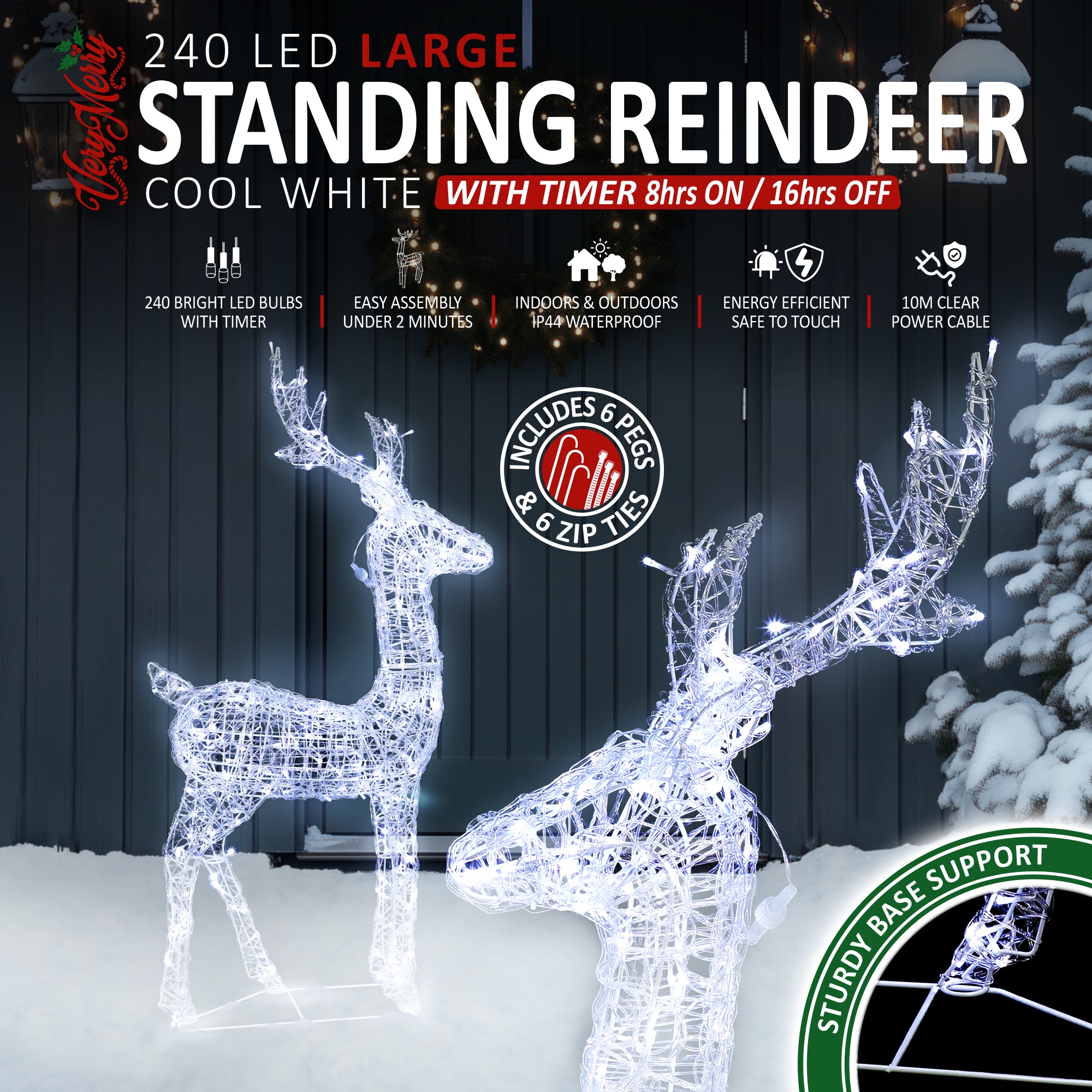 VeryMerry Christmas Reindeer with Sleigh, Cool White LED Light Up Acrylic Figures Garden Christmas Decoration, Auto-Off Timer