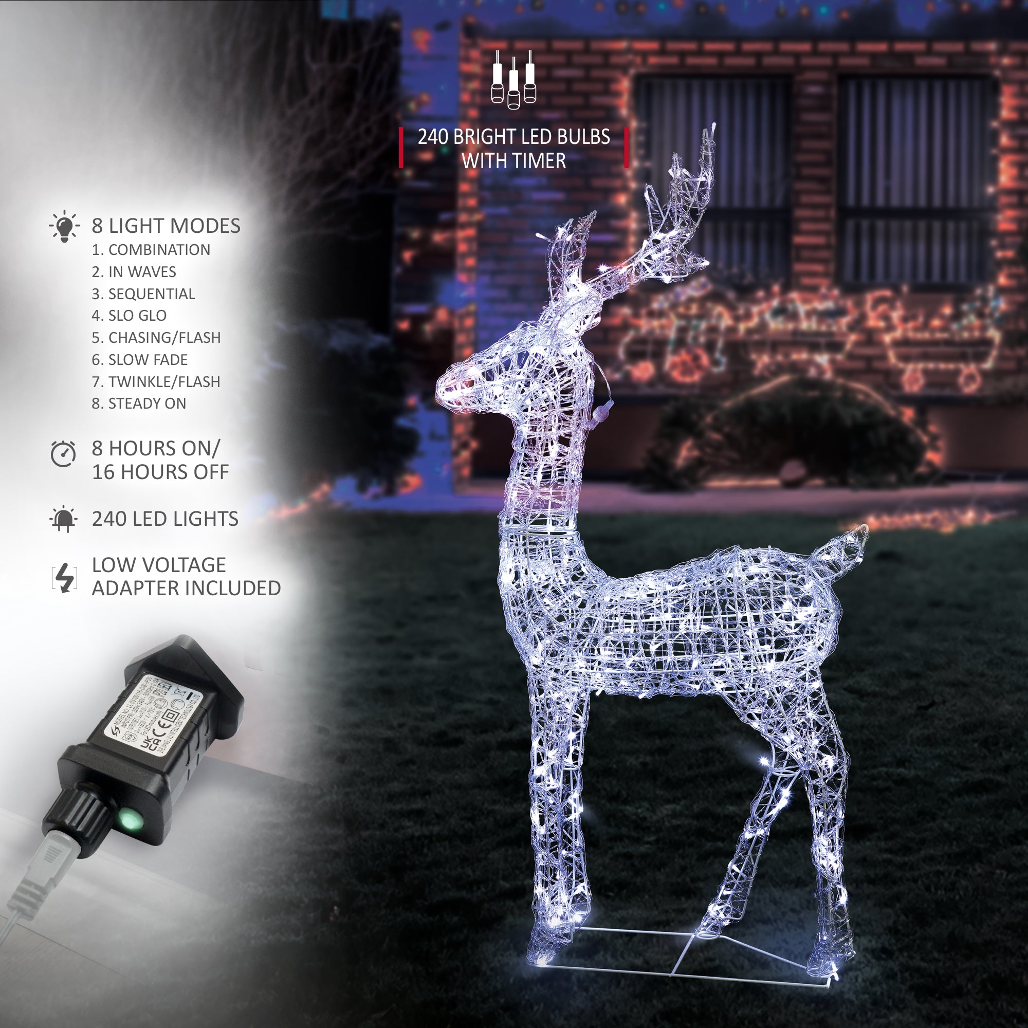 VeryMerry Christmas Reindeer with Sleigh, Cool White LED Light Up Acrylic Figures Garden Christmas Decoration, Auto-Off Timer