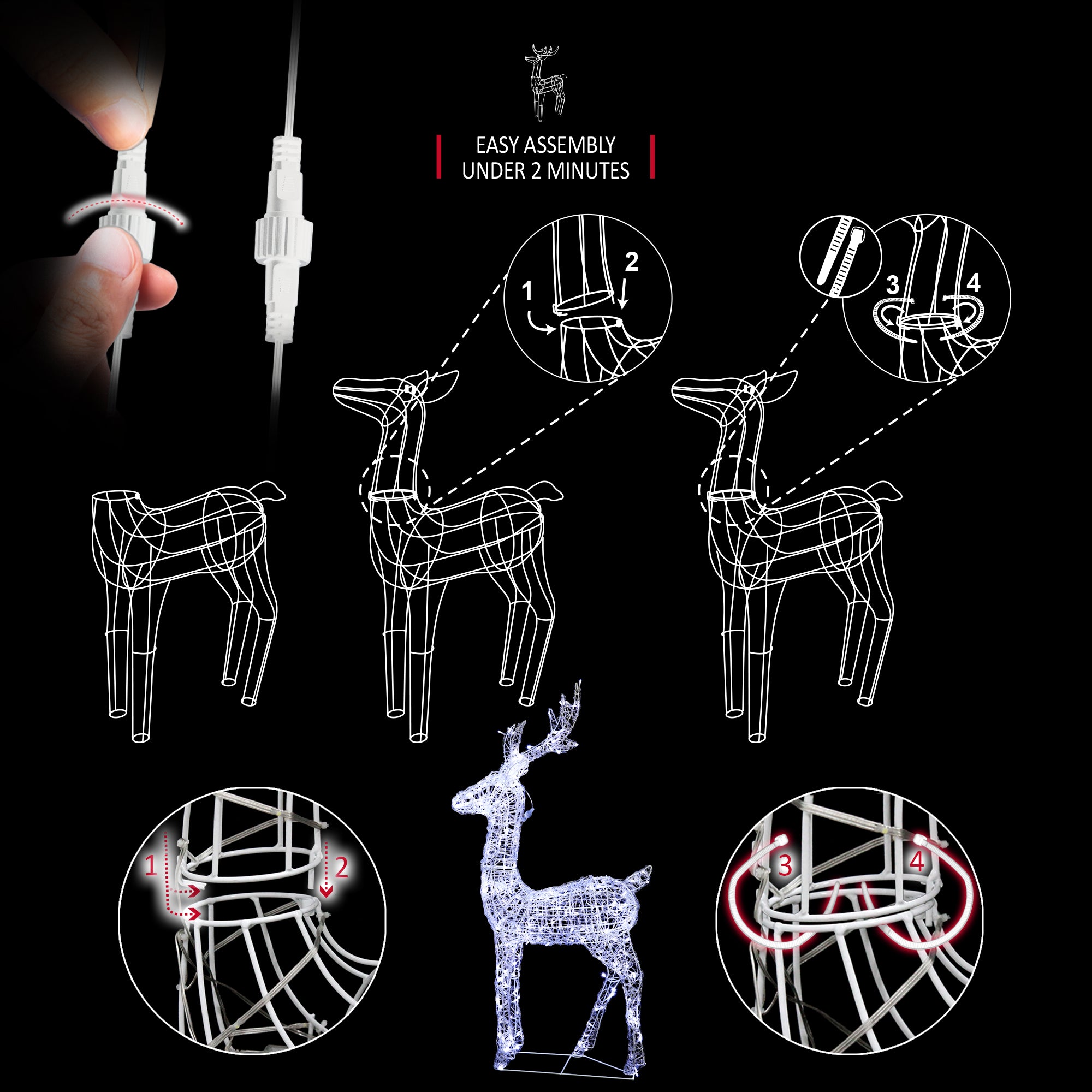 VeryMerry Christmas Reindeer with Sleigh, Cool White LED Light Up Acrylic Figures Garden Christmas Decoration, Auto-Off Timer