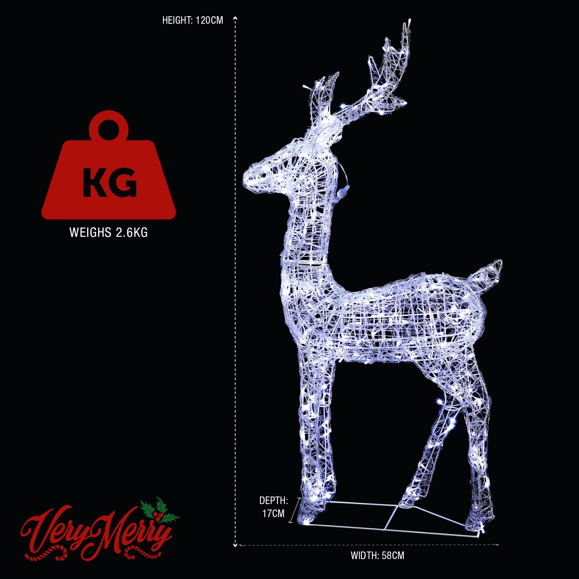 VeryMerry Christmas Reindeer with Sleigh, Cool White LED Light Up Acrylic Figures Garden Christmas Decoration, Auto-Off Timer