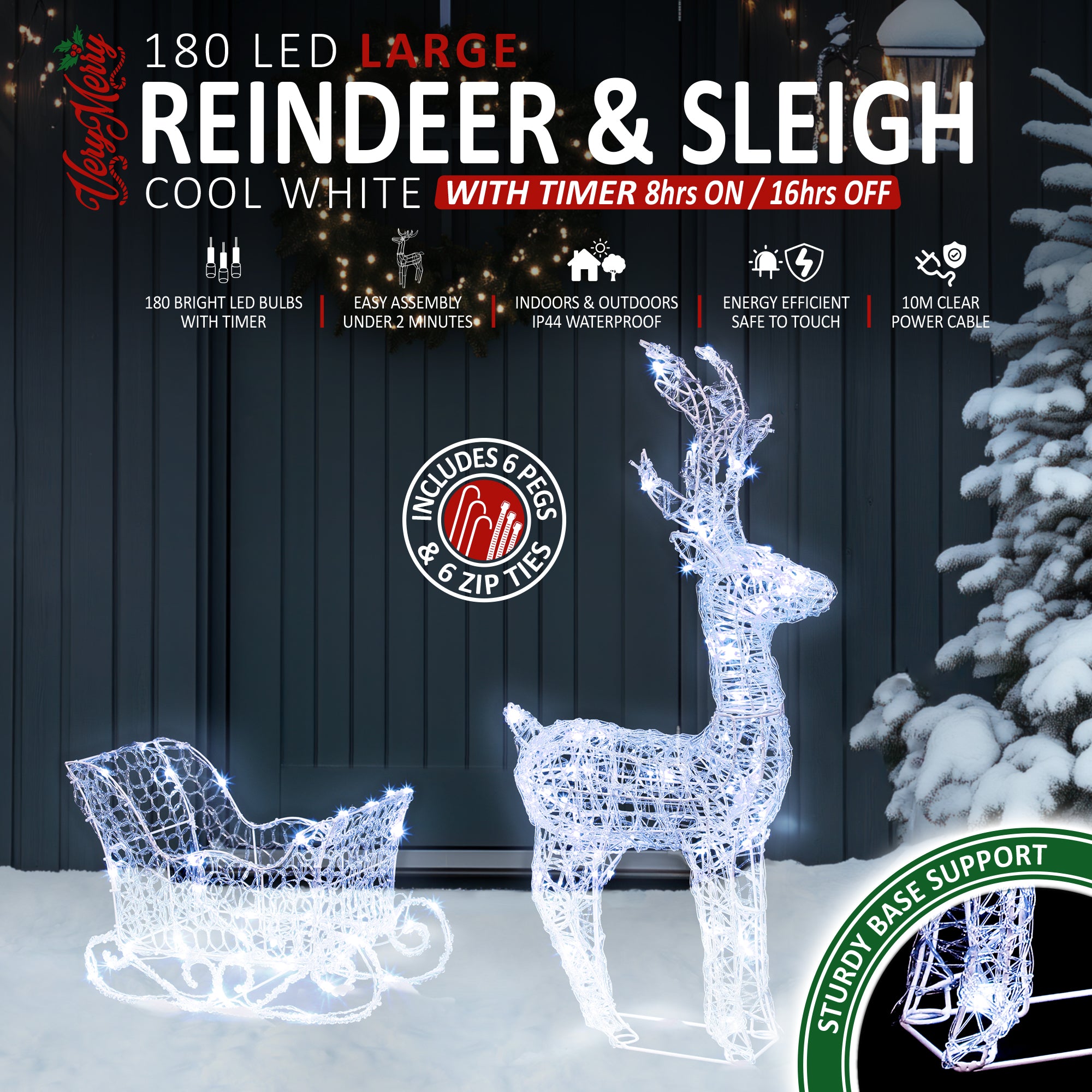VeryMerry Christmas Reindeer with Sleigh, Cool White LED Light Up Acrylic Figures Garden Christmas Decoration, Auto-Off Timer