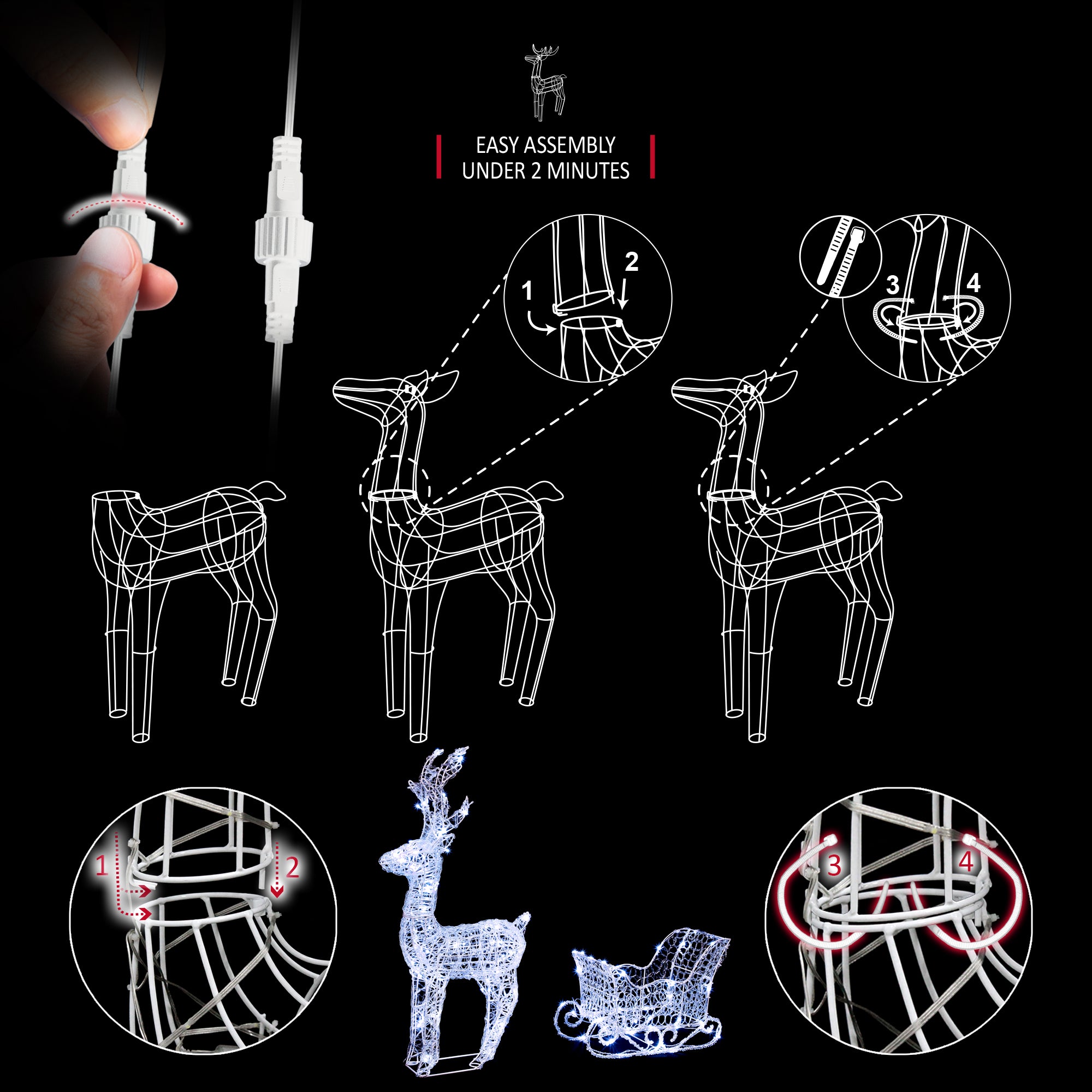 VeryMerry Christmas Reindeer with Sleigh, Cool White LED Light Up Acrylic Figures Garden Christmas Decoration, Auto-Off Timer