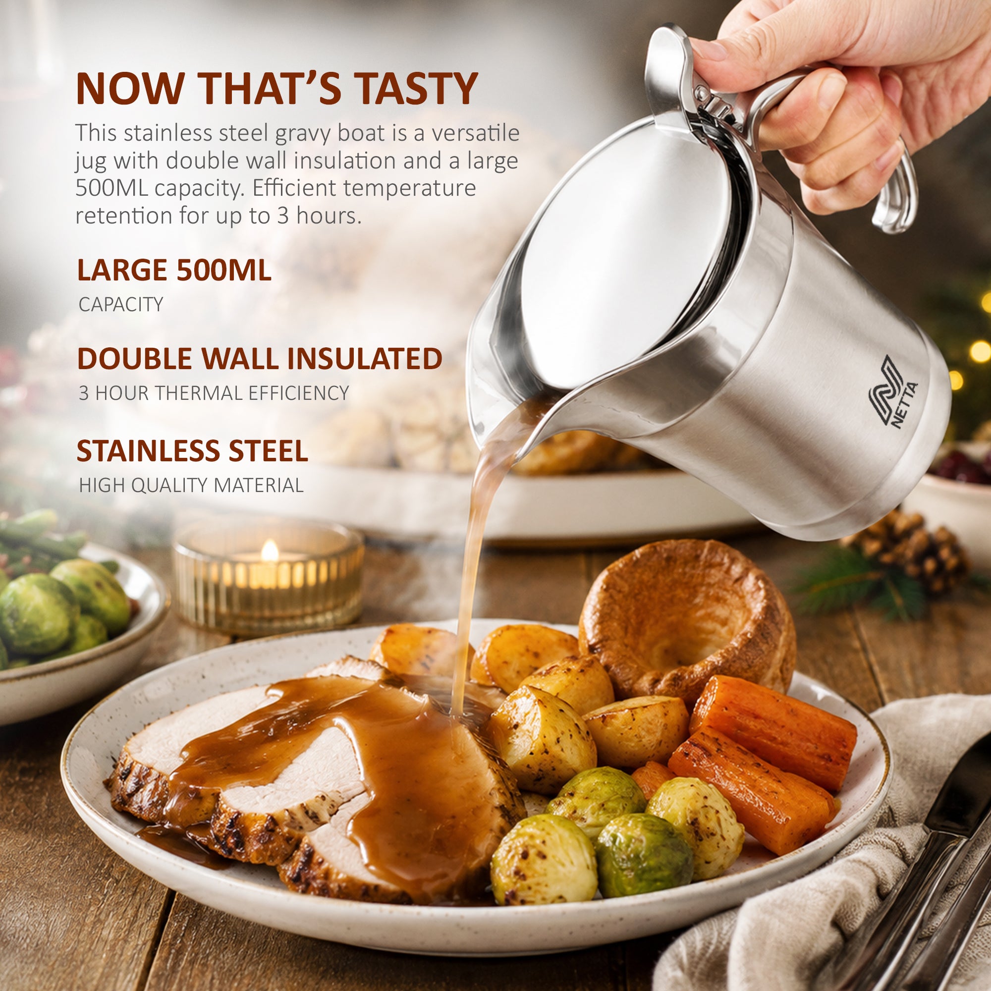 NETTA Insulated Stainless Steel Gravy Boat - 500ml Capacity