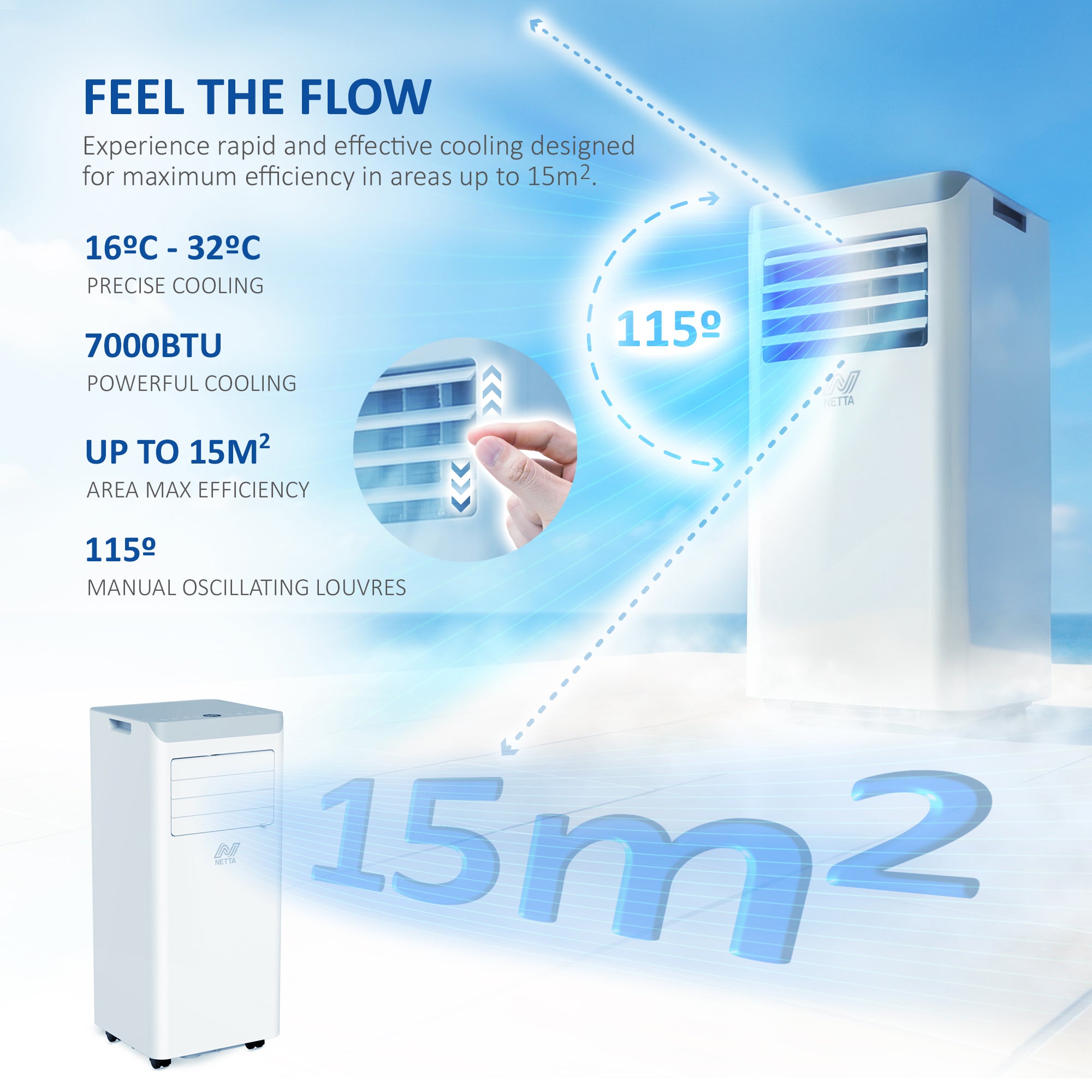 NETTA Portable 3-in-1 Air Conditioner with Dehumidifier & Cooling Fan - 24-Hour Timer & Remote Control