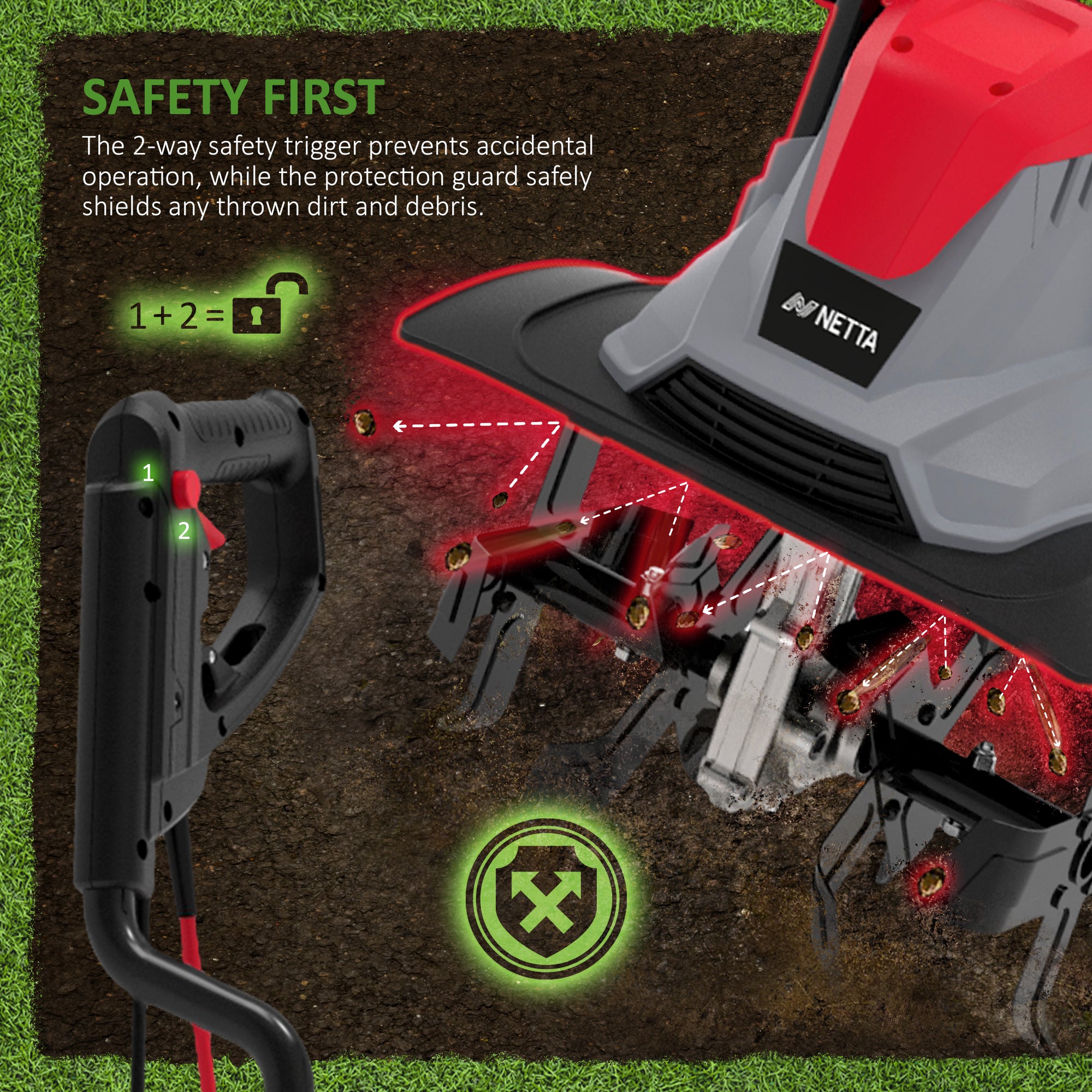 NETTA 1200W Electric Tiller – Soil Cultivator for Home Gardens, 36cm Wide, 22cm Deep, 10m Cable, Lightweight & Easy to Handle