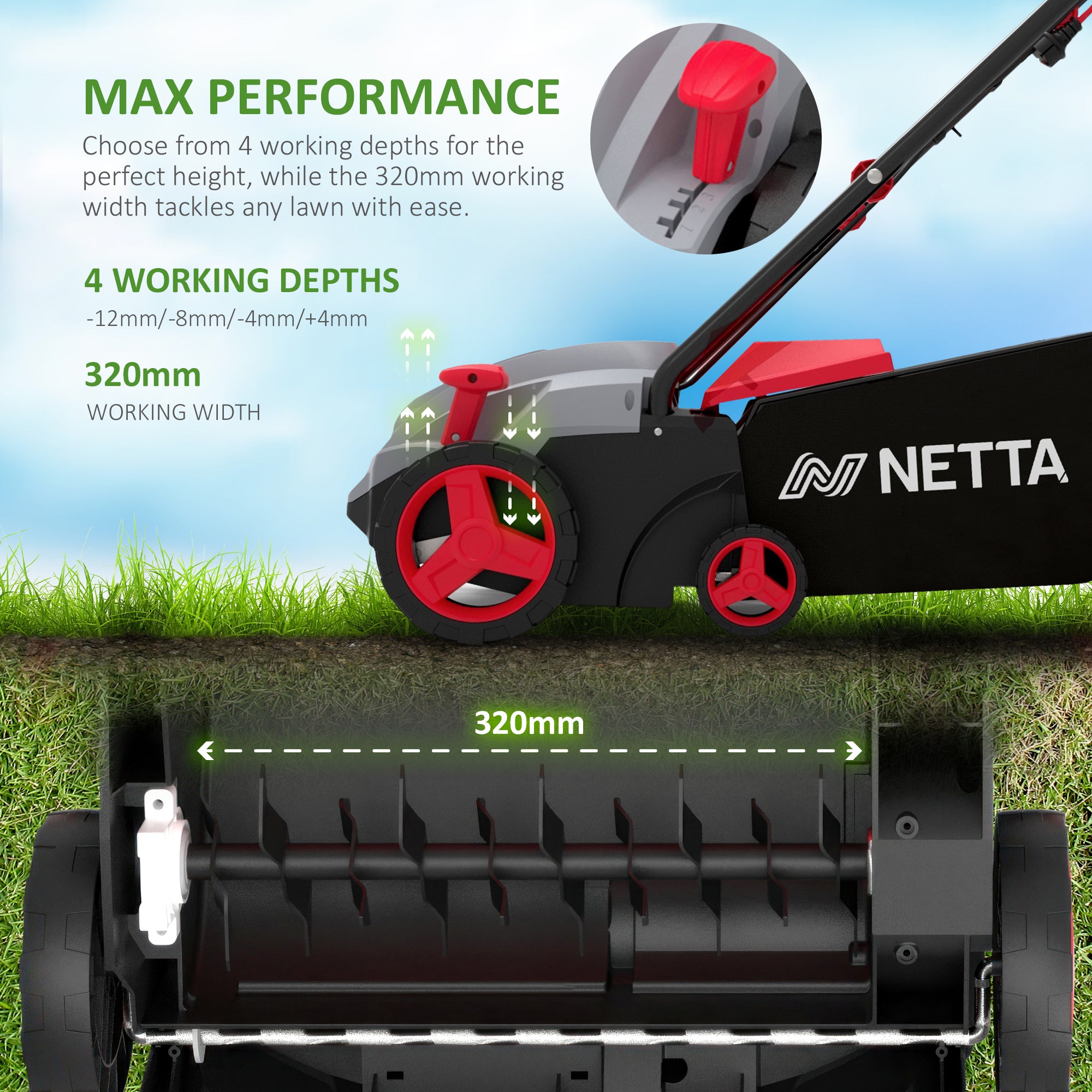NETTA 1500W Lawn Scarifier & Aerator – Lawn Rake, 32cm Width, 4 Height Levels, 30L Grass Box, 10m Power Cable