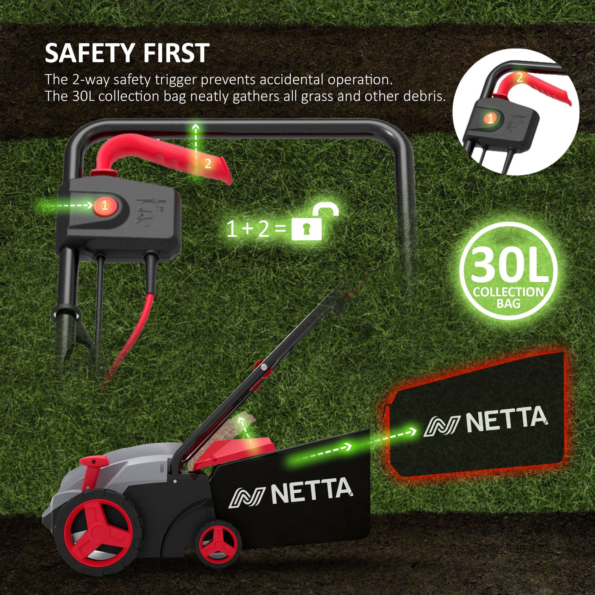 NETTA 1500W Lawn Scarifier & Aerator – Lawn Rake, 32cm Width, 4 Height Levels, 30L Grass Box, 10m Power Cable