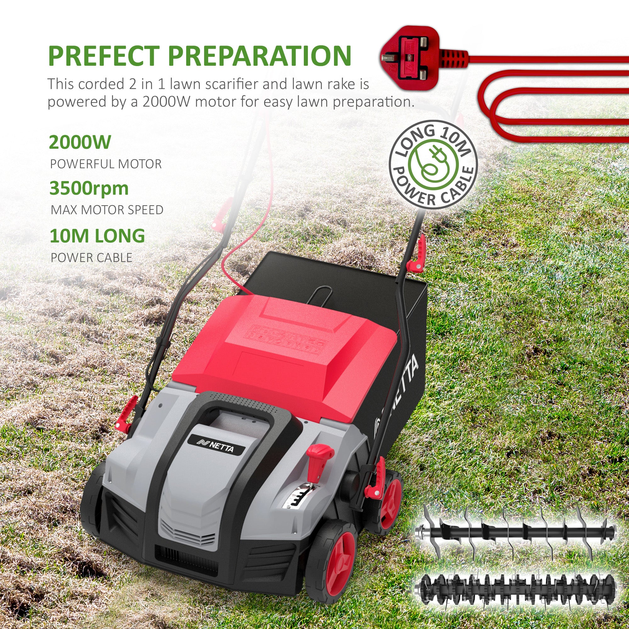 NETTA 2000W Electric Lawn Scarifier & Aerator – Removes Moss & Thatch, 40cm Working Width, 5 Height Settings, 55L Collection Box