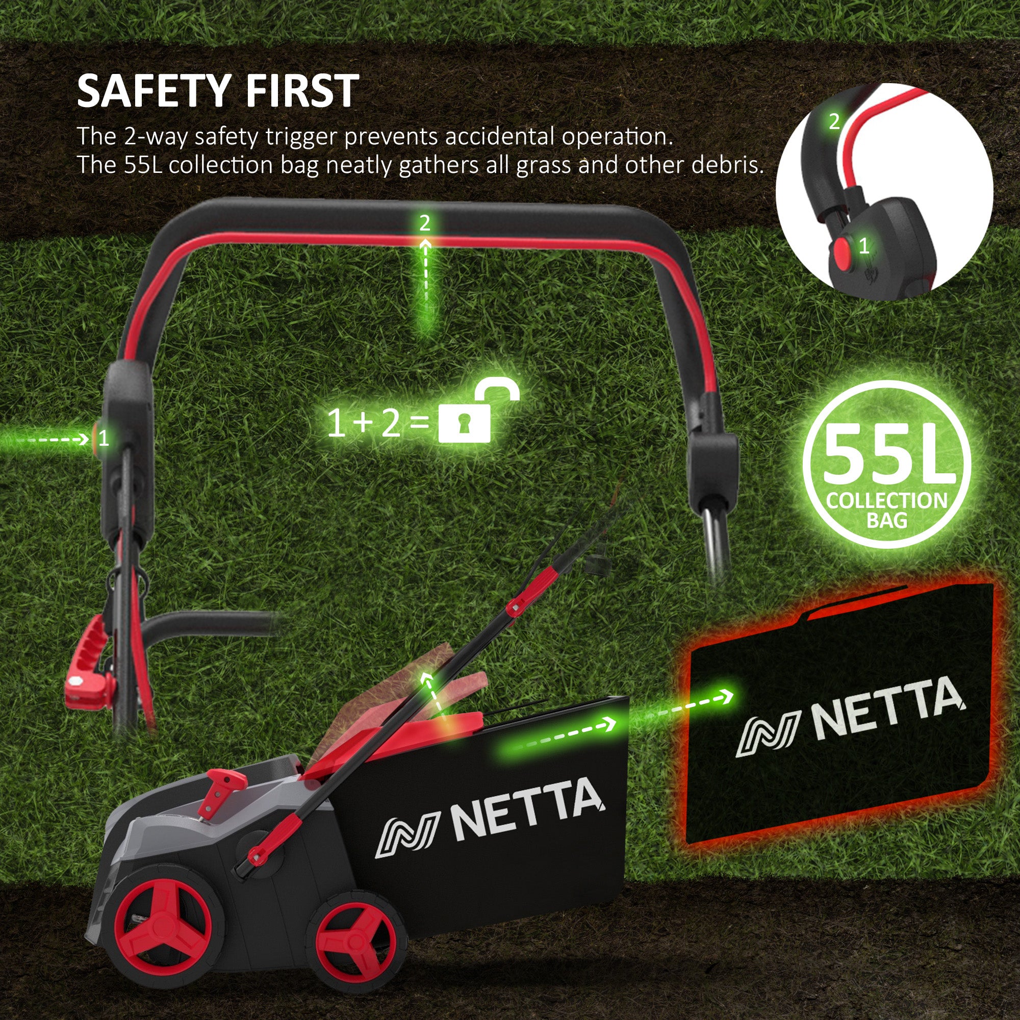 NETTA 2000W Electric Lawn Scarifier & Aerator – Removes Moss & Thatch, 40cm Working Width, 5 Height Settings, 55L Collection Box