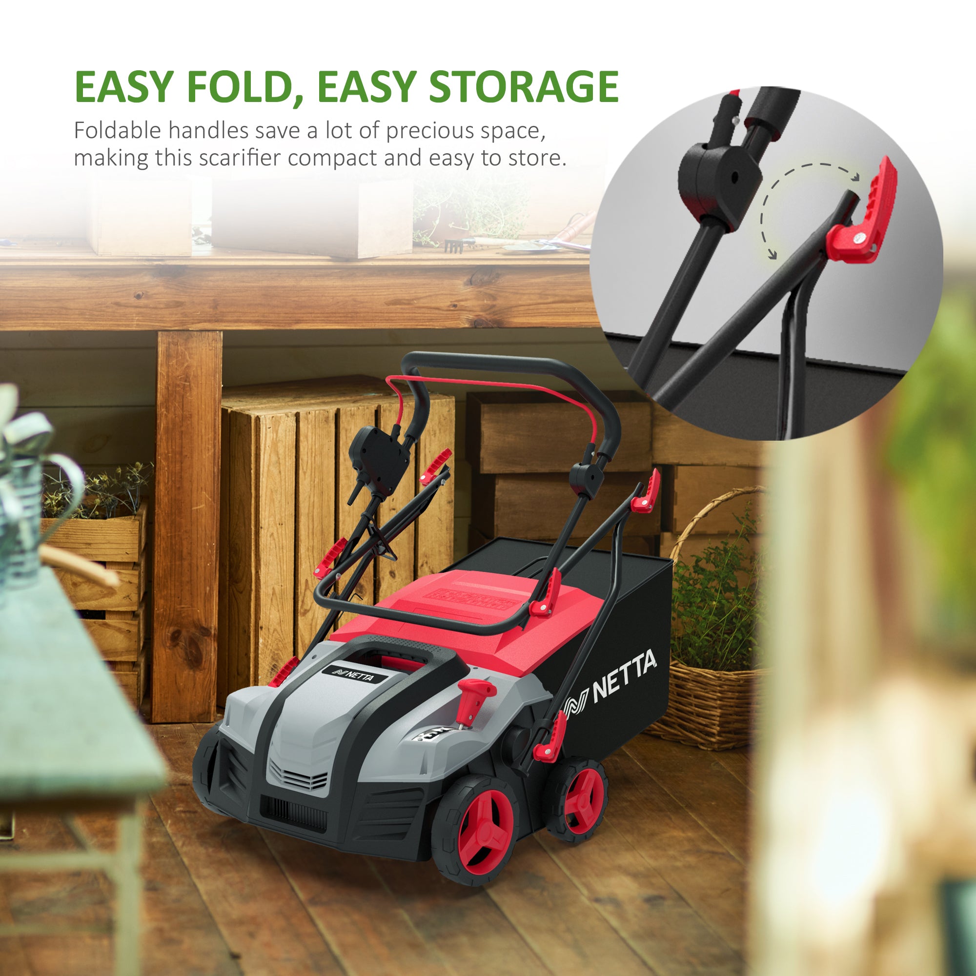 NETTA 2000W Electric Lawn Scarifier & Aerator – Removes Moss & Thatch, 40cm Working Width, 5 Height Settings, 55L Collection Box