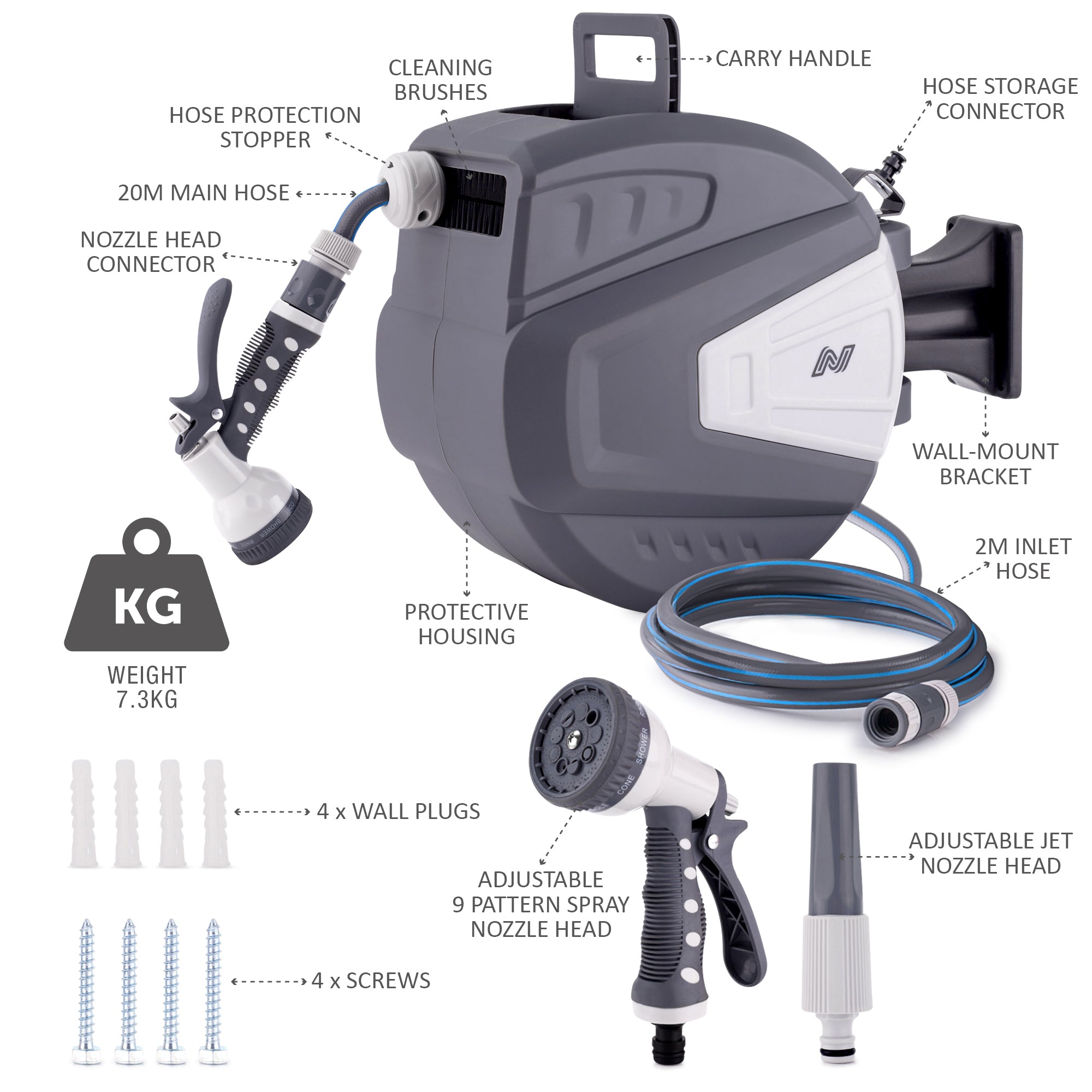 NETTA Retractable Hose Reel with Auto Rewind & 180° Swivel