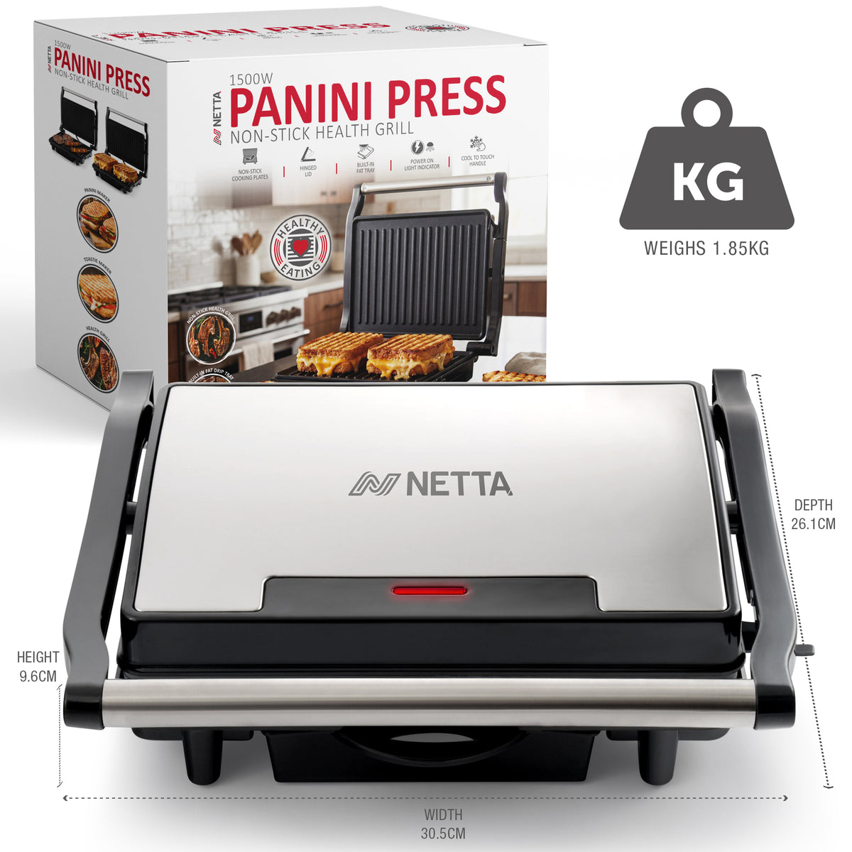 NETTA 1500W 2-Slice Panini Maker & Health Grill