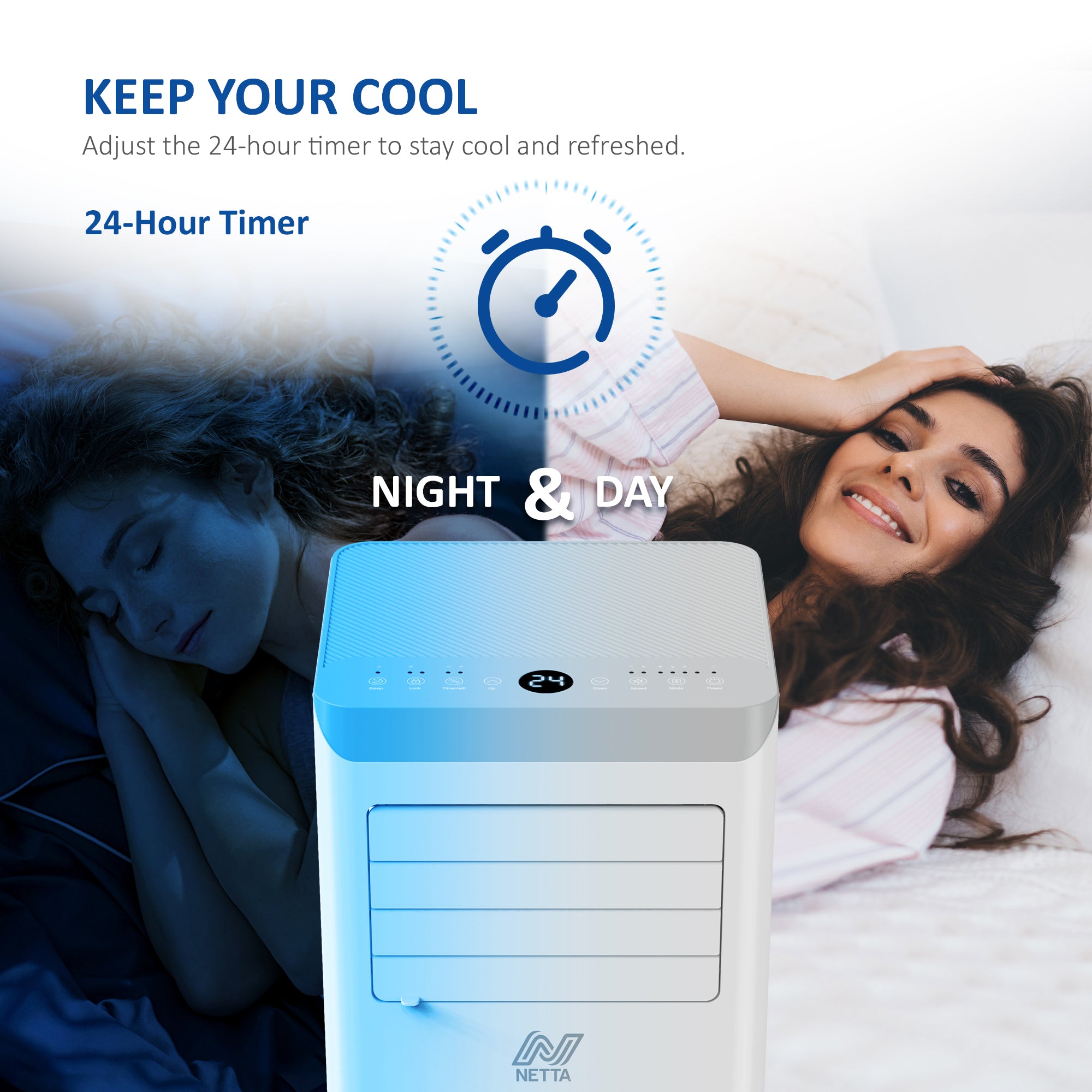 NETTA Portable 3-in-1 Air Conditioner with Dehumidifier & Cooling Fan - 24-Hour Timer & Remote Control