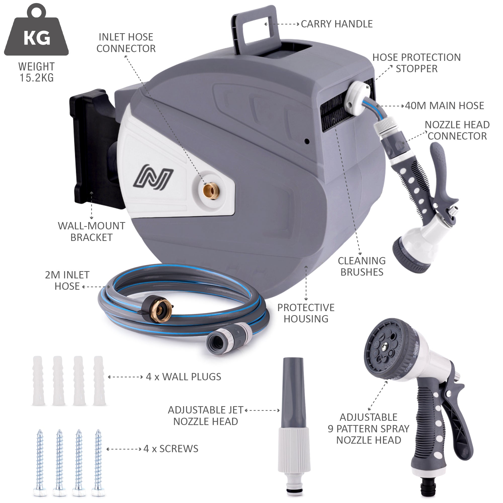 NETTA Retractable Hose Reel with Auto Rewind & 180° Swivel