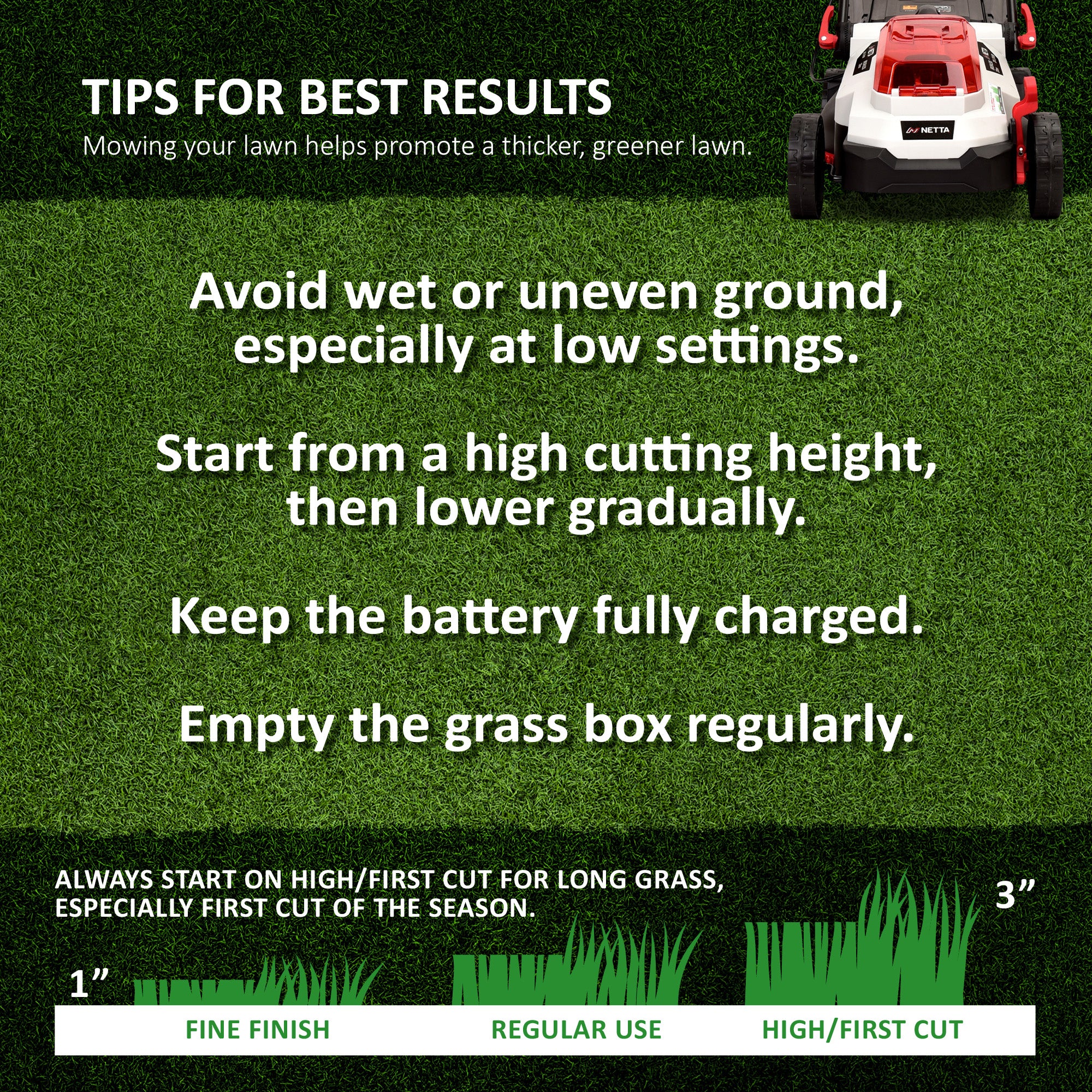 NETTA 20V Cordless Lawnmower – Brushless Motor, 33cm Cutting Width, 4.0Ah Battery & Charger, 5 Cutting Heights