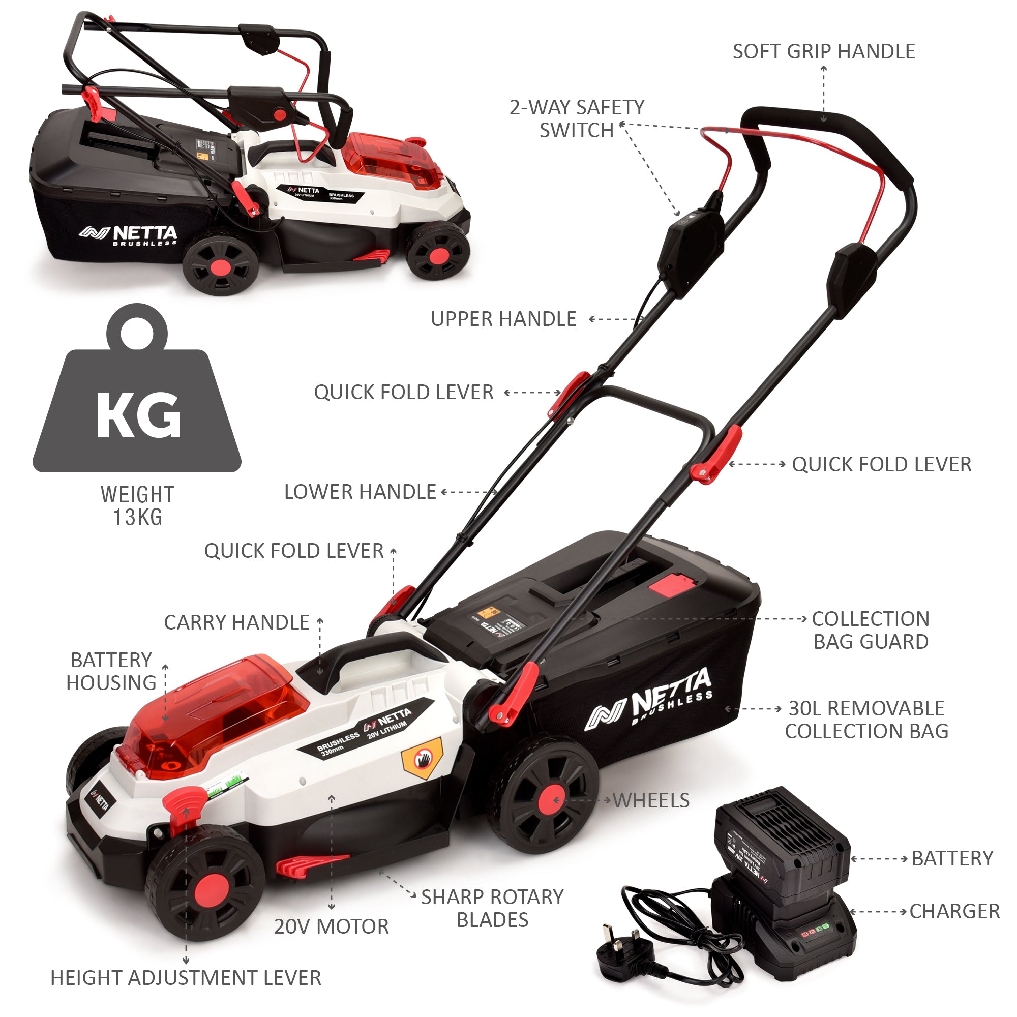 NETTA 20V Cordless Lawnmower – Brushless Motor, 33cm Cutting Width, 4.0Ah Battery & Charger, 5 Cutting Heights
