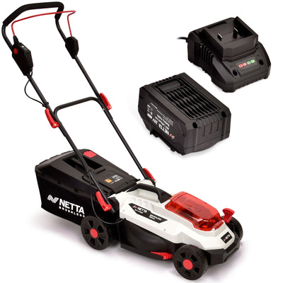 NETTA 20V Cordless Lawnmower – Brushless Motor, 33cm Cutting Width, 4.0Ah Battery & Charger, 5 Cutting Heights