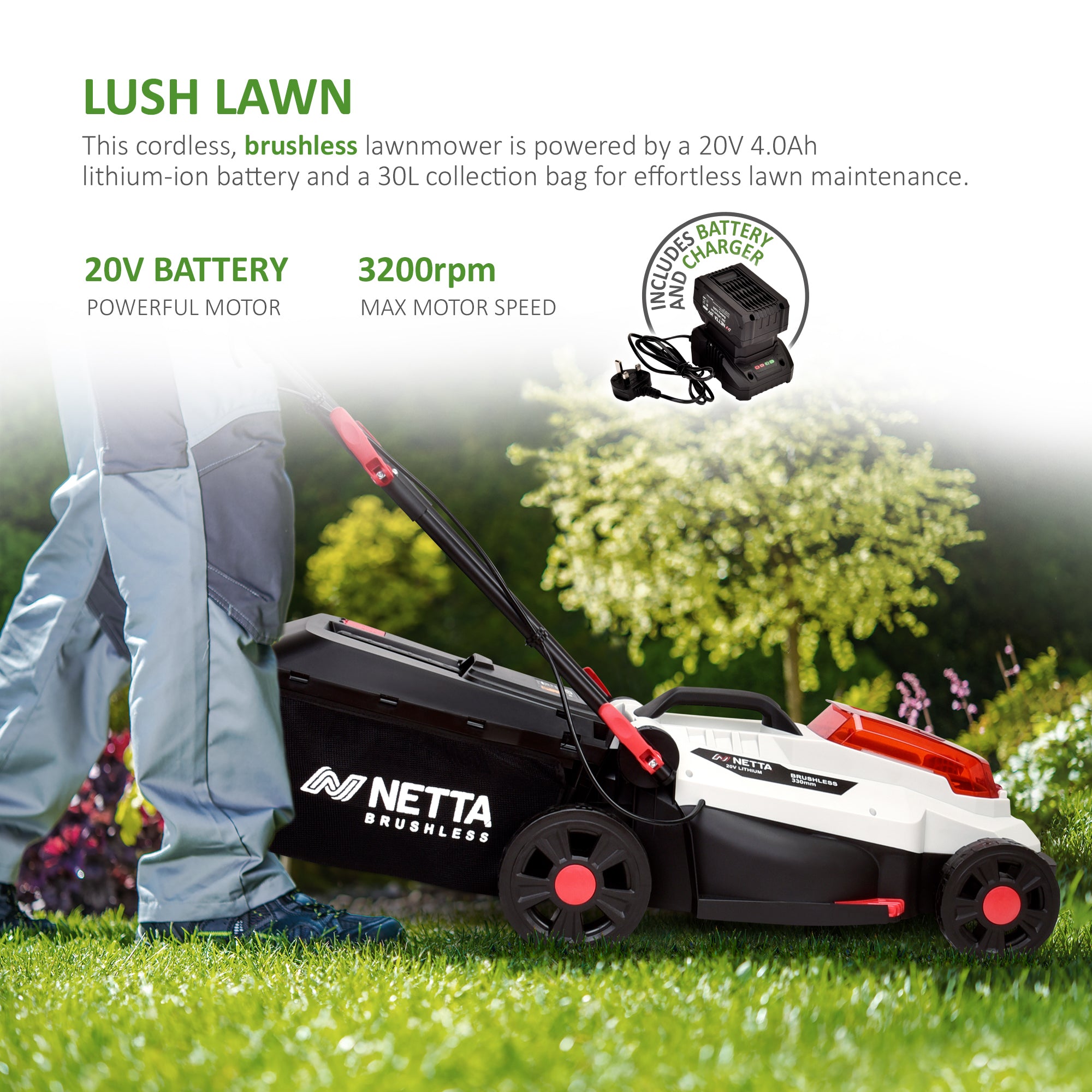 NETTA 20V Cordless Lawnmower – Brushless Motor, 33cm Cutting Width, 4.0Ah Battery & Charger, 5 Cutting Heights
