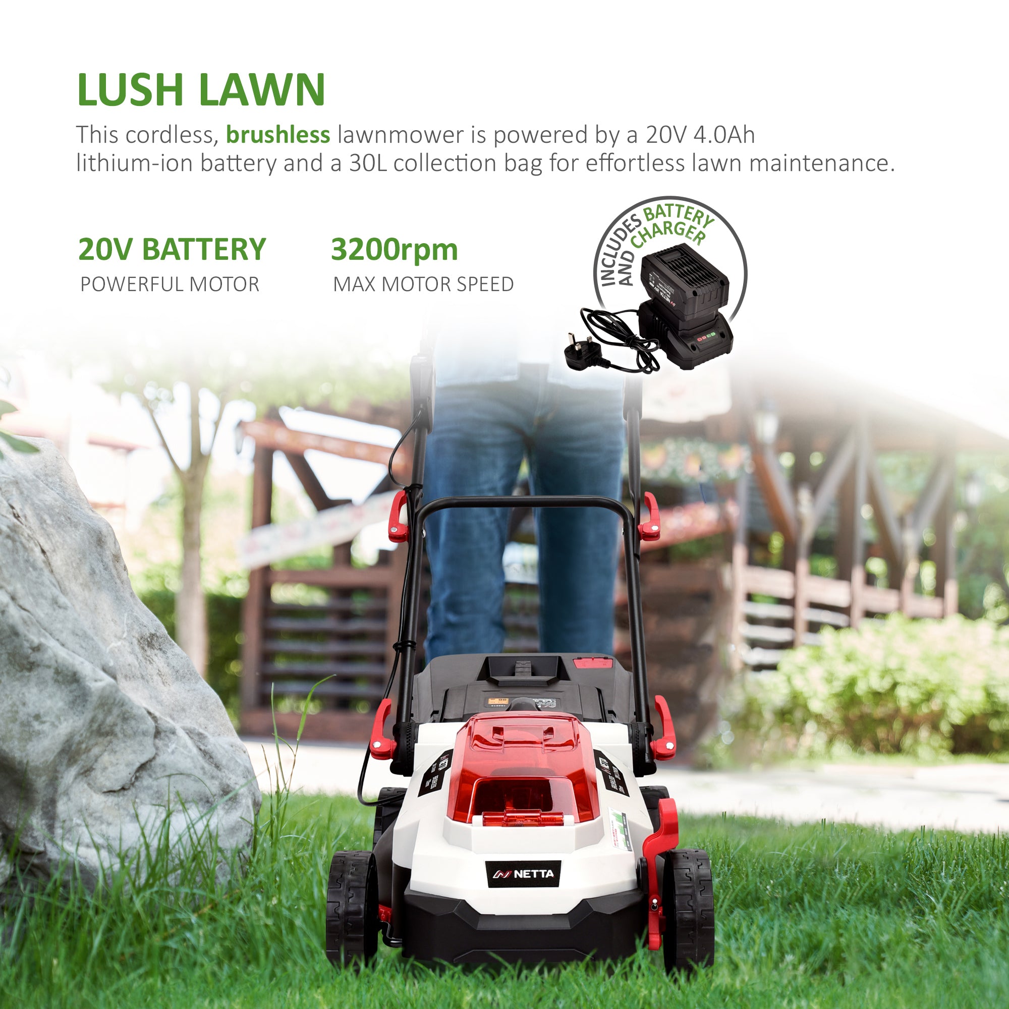 NETTA 20V Cordless Lawnmower – Brushless Motor, 33cm Cutting Width, 4.0Ah Battery & Charger, 5 Cutting Heights