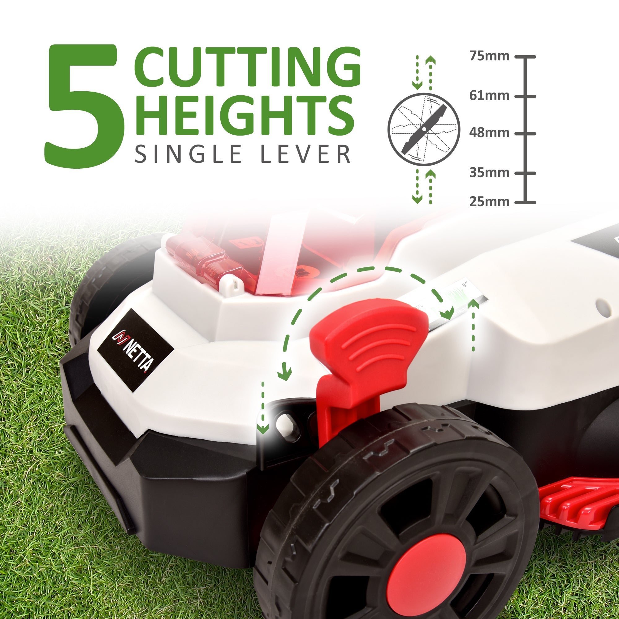 NETTA 20V Cordless Lawnmower – Brushless Motor, 33cm Cutting Width, 4.0Ah Battery & Charger, 5 Cutting Heights