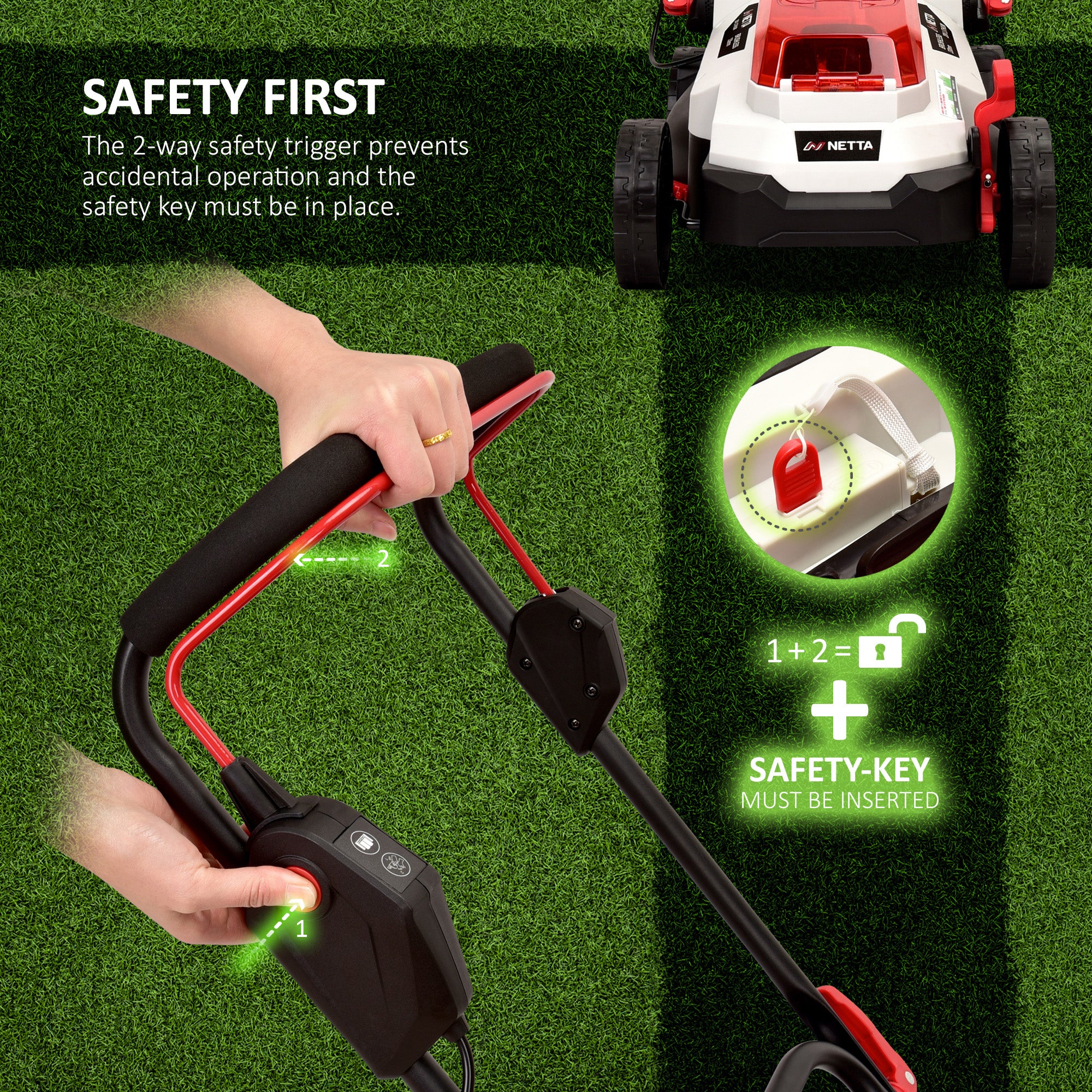NETTA 20V Cordless Lawnmower – Brushless Motor, 33cm Cutting Width, 4.0Ah Battery & Charger, 5 Cutting Heights