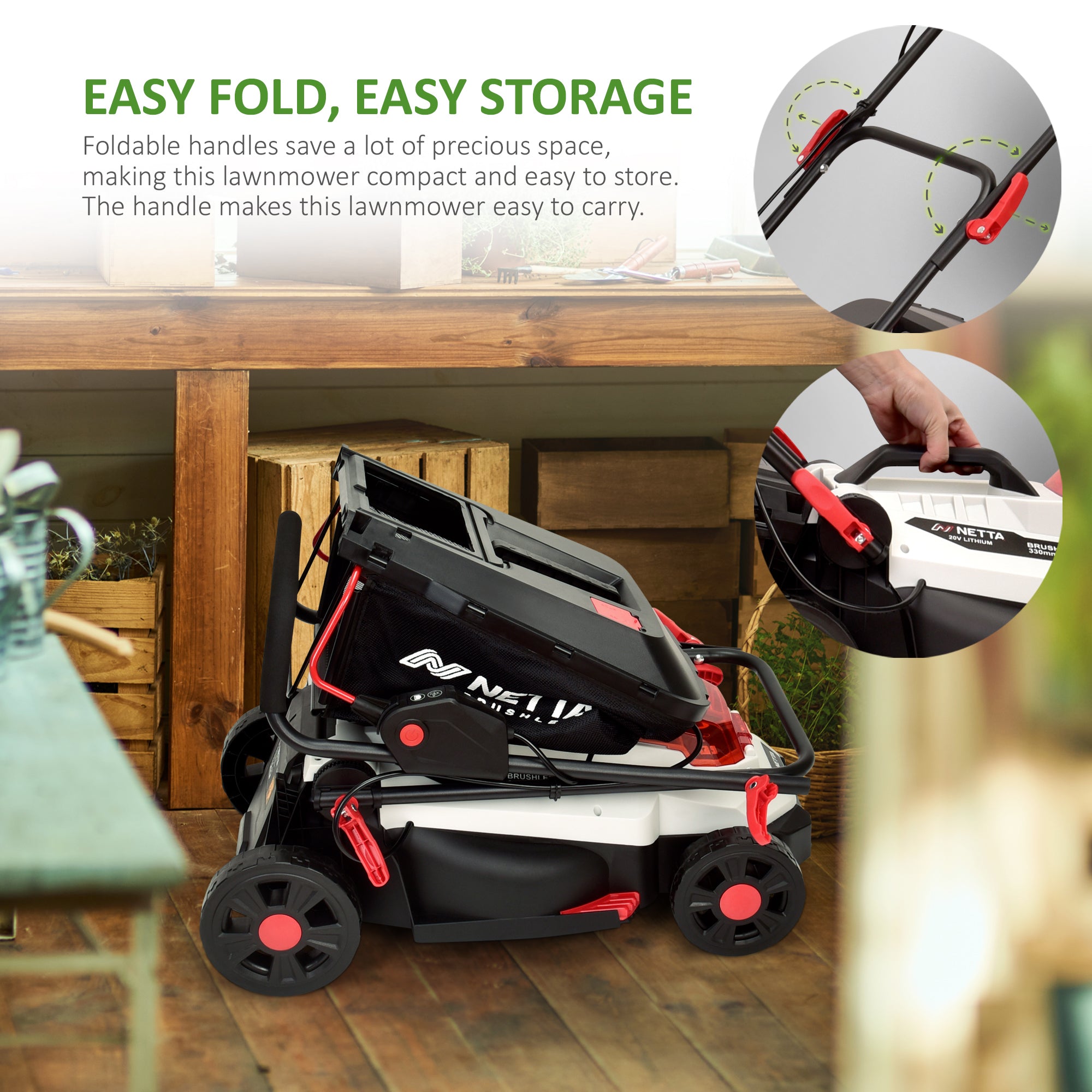 NETTA 20V Cordless Lawnmower – Brushless Motor, 33cm Cutting Width, 4.0Ah Battery & Charger, 5 Cutting Heights