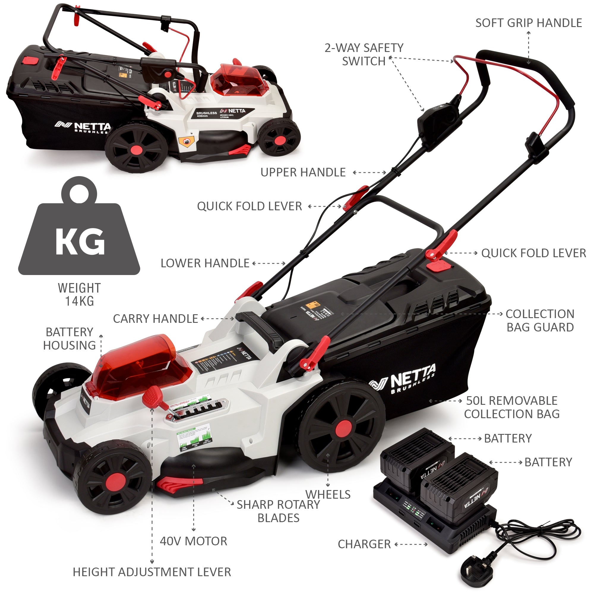 NETTA 40V Cordless Lawnmower – Brushless Motor, 43cm Cutting Width, 2×4.0Ah Batteries & Charger, 6 Height Settings