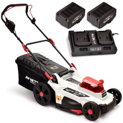 NETTA 40V Cordless Lawnmower – Brushless Motor, 43cm Cutting Width, 2×4.0Ah Batteries & Charger, 6 Height Settings