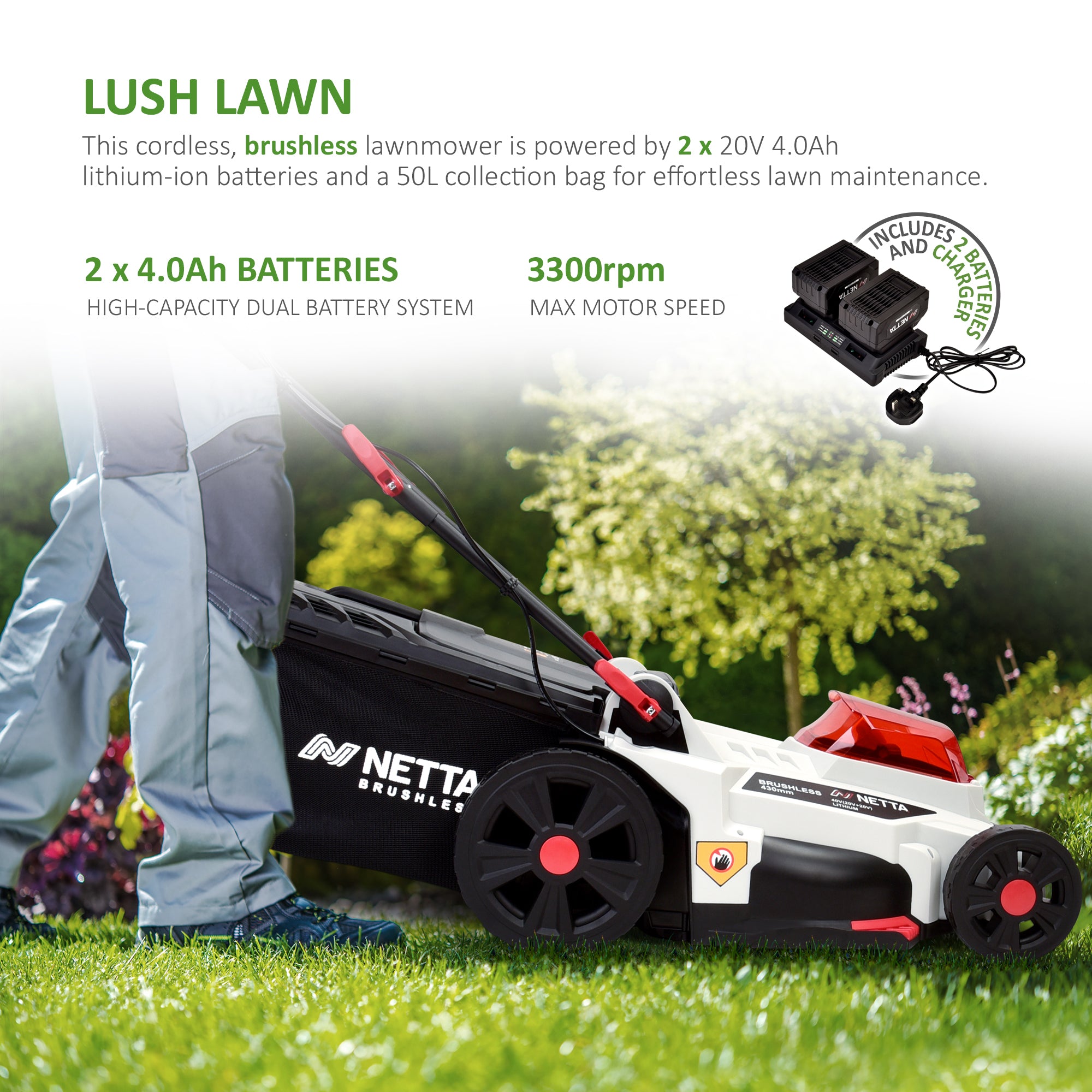 NETTA 40V Cordless Lawnmower – Brushless Motor, 43cm Cutting Width, 2×4.0Ah Batteries & Charger, 6 Height Settings