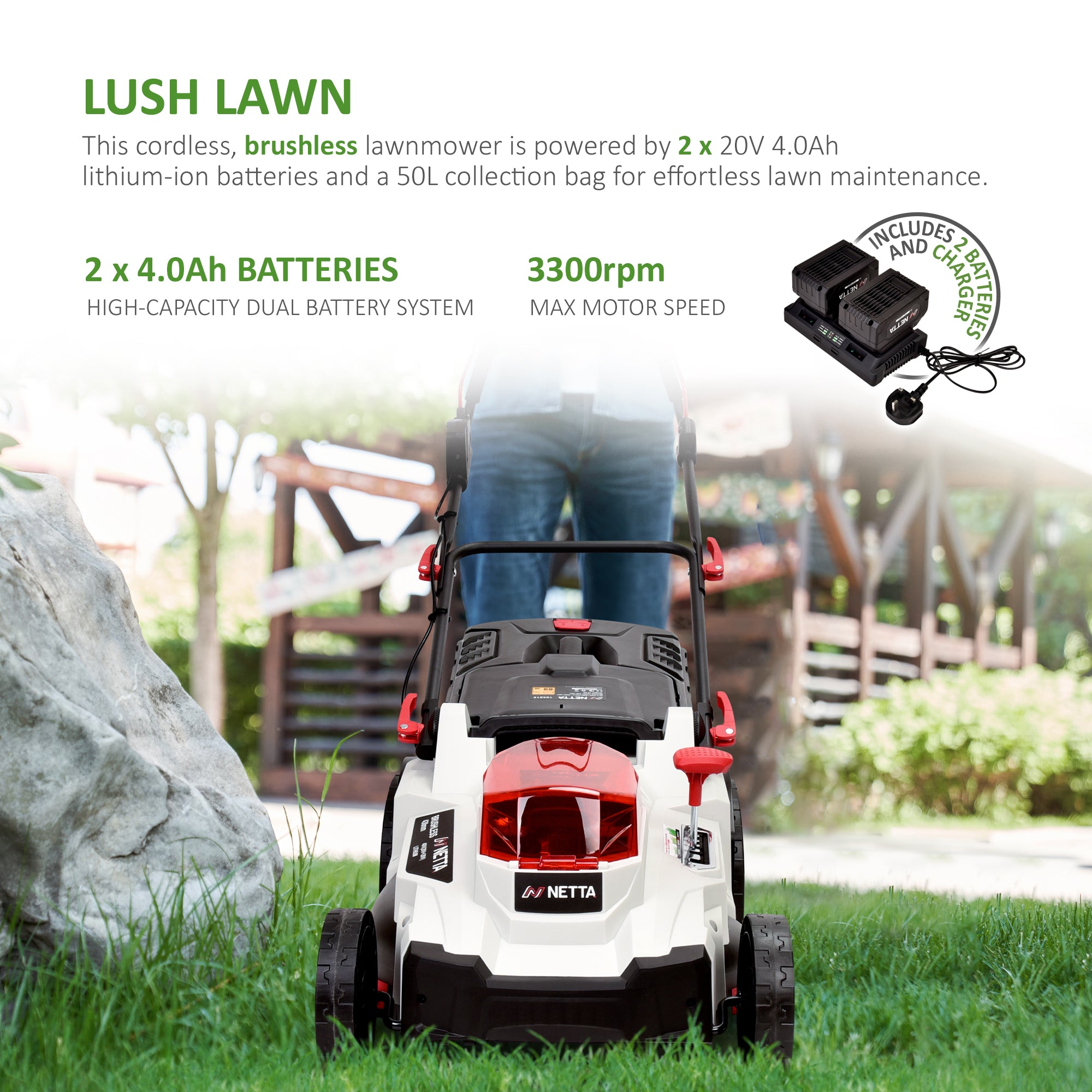 NETTA 40V Cordless Lawnmower – Brushless Motor, 43cm Cutting Width, 2×4.0Ah Batteries & Charger, 6 Height Settings