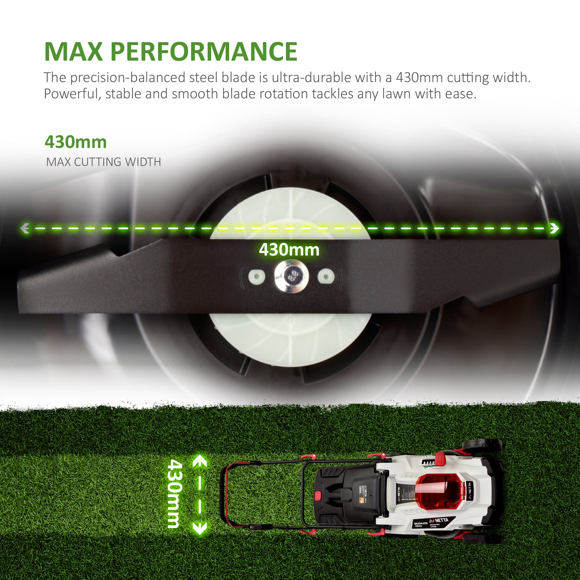 NETTA 40V Cordless Lawnmower – Brushless Motor, 43cm Cutting Width, 2×4.0Ah Batteries & Charger, 6 Height Settings
