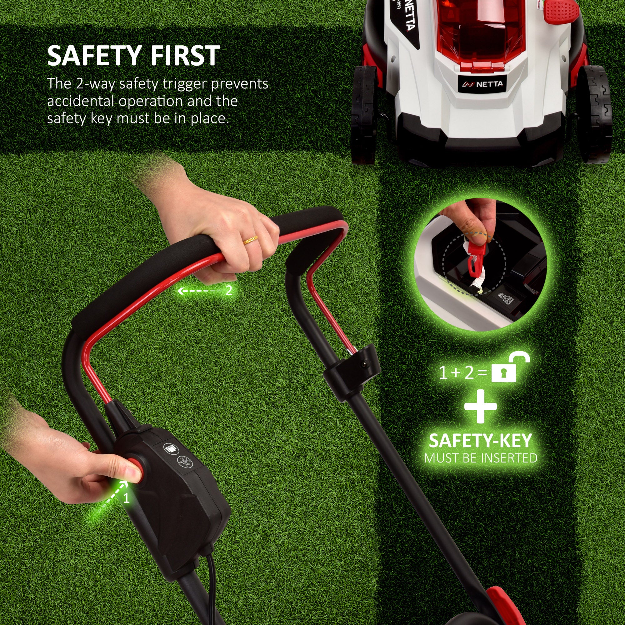 NETTA 40V Cordless Lawnmower – Brushless Motor, 43cm Cutting Width, 2×4.0Ah Batteries & Charger, 6 Height Settings
