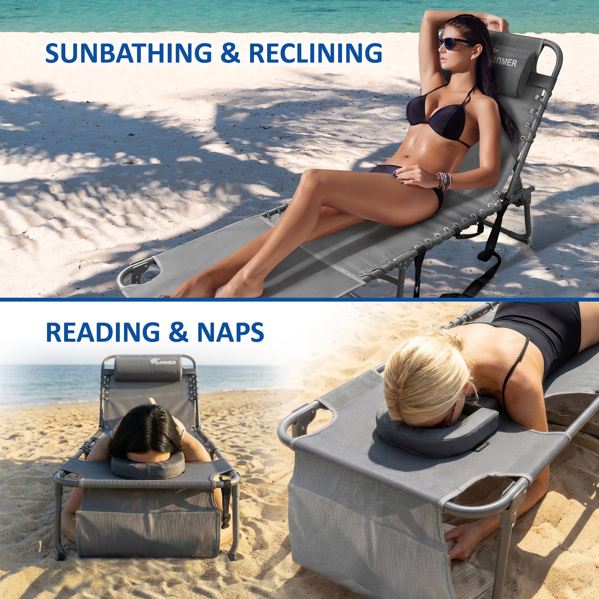 SUNMER Set of 2 Reclining Sun Loungers with Reading Hole