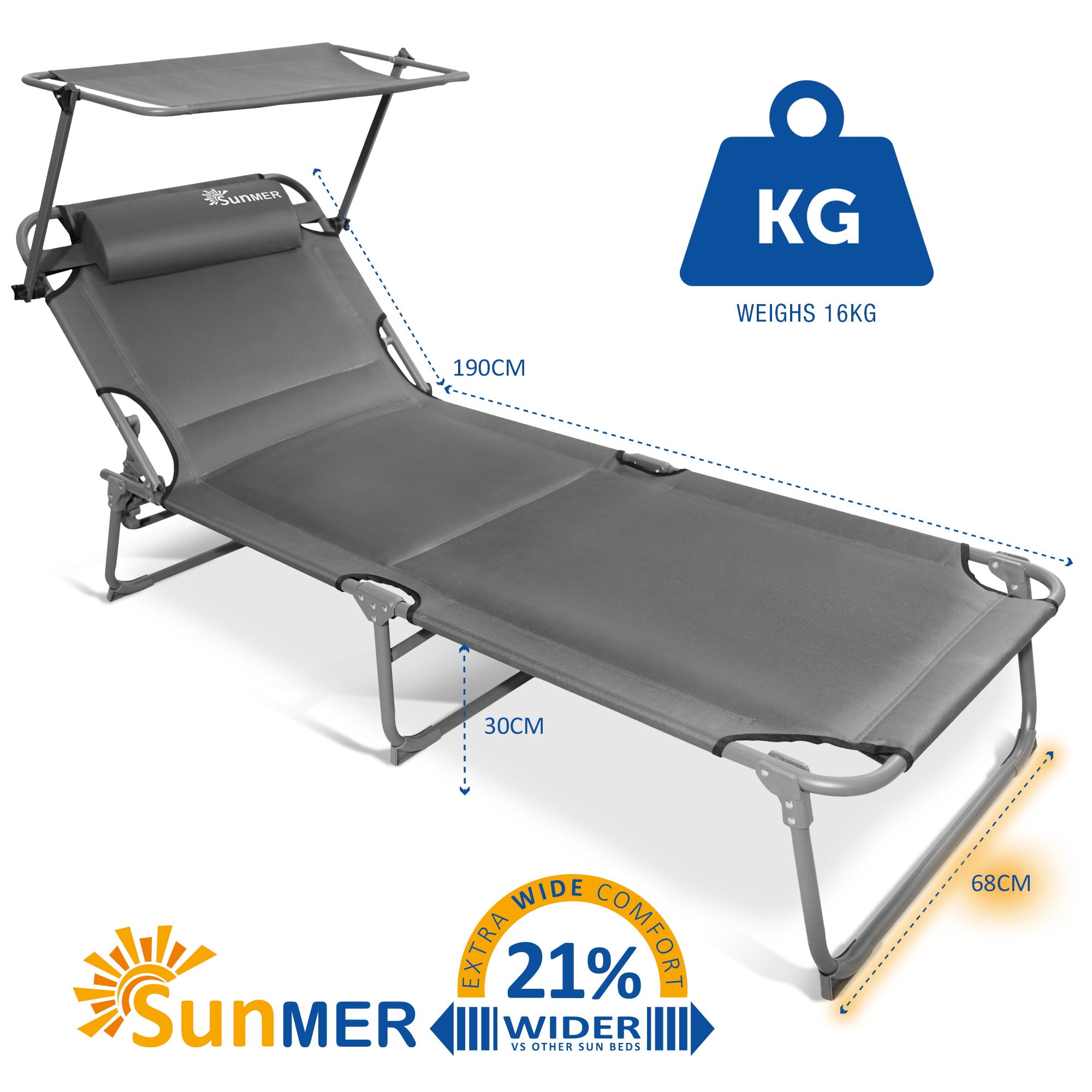 SUNMER Set of 2 Extra-Wide Reclining Sun Loungers – Folding Garden Sunbeds with Canopy and Adjustable Backrest