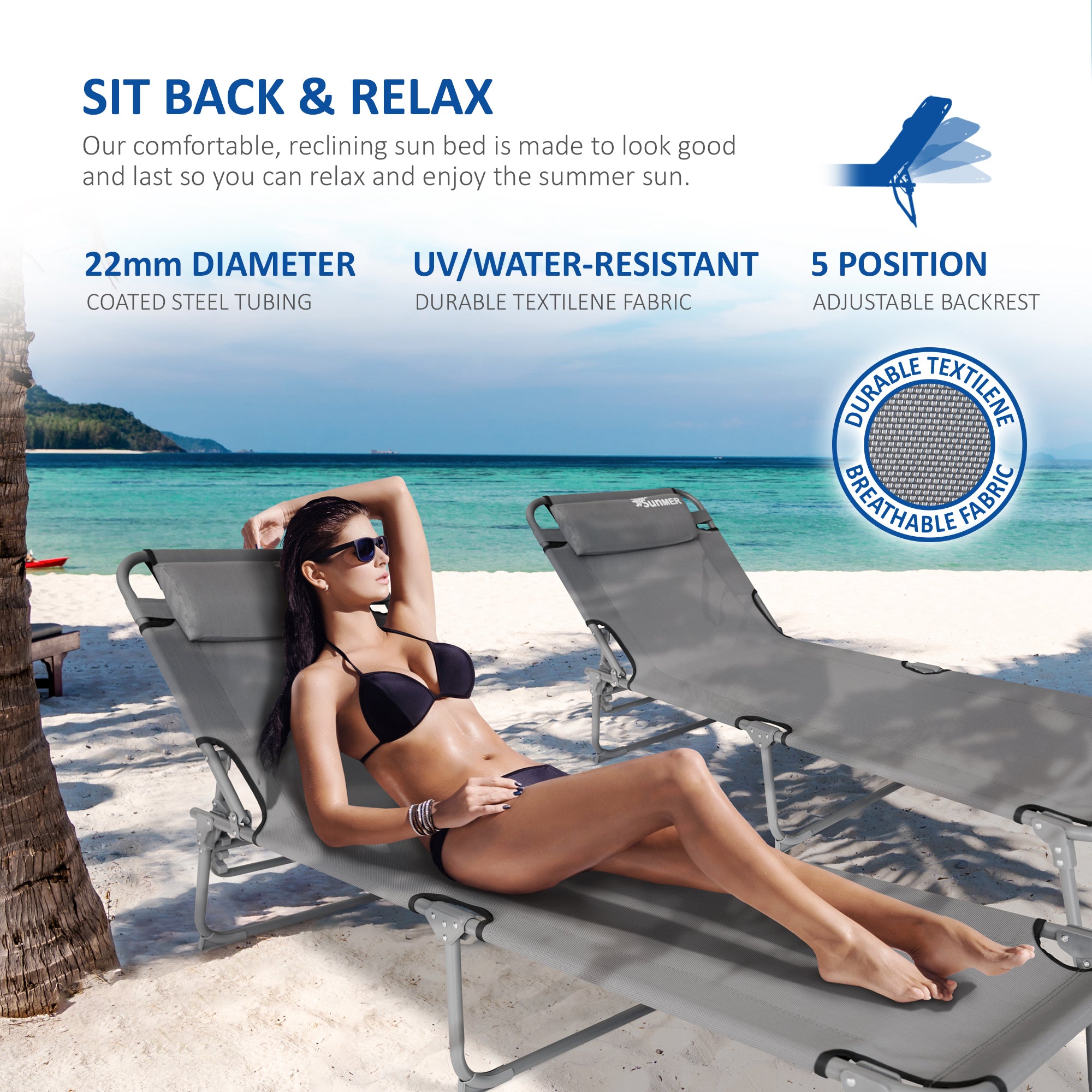 SUNMER Set of 2 Reclining Sun Loungers – Folding Garden Sunbeds with Adjustable Backrest