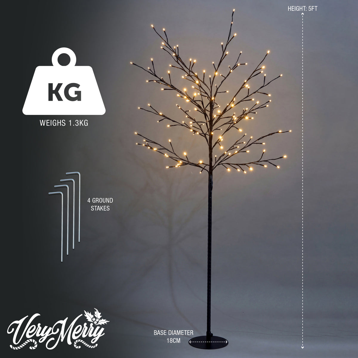 VeryMerry 5FT Birch Twig Tree with 160 Warm White LED Lights, Auto-Off Timer and 8 Lighting Modes, 5M Power Cable