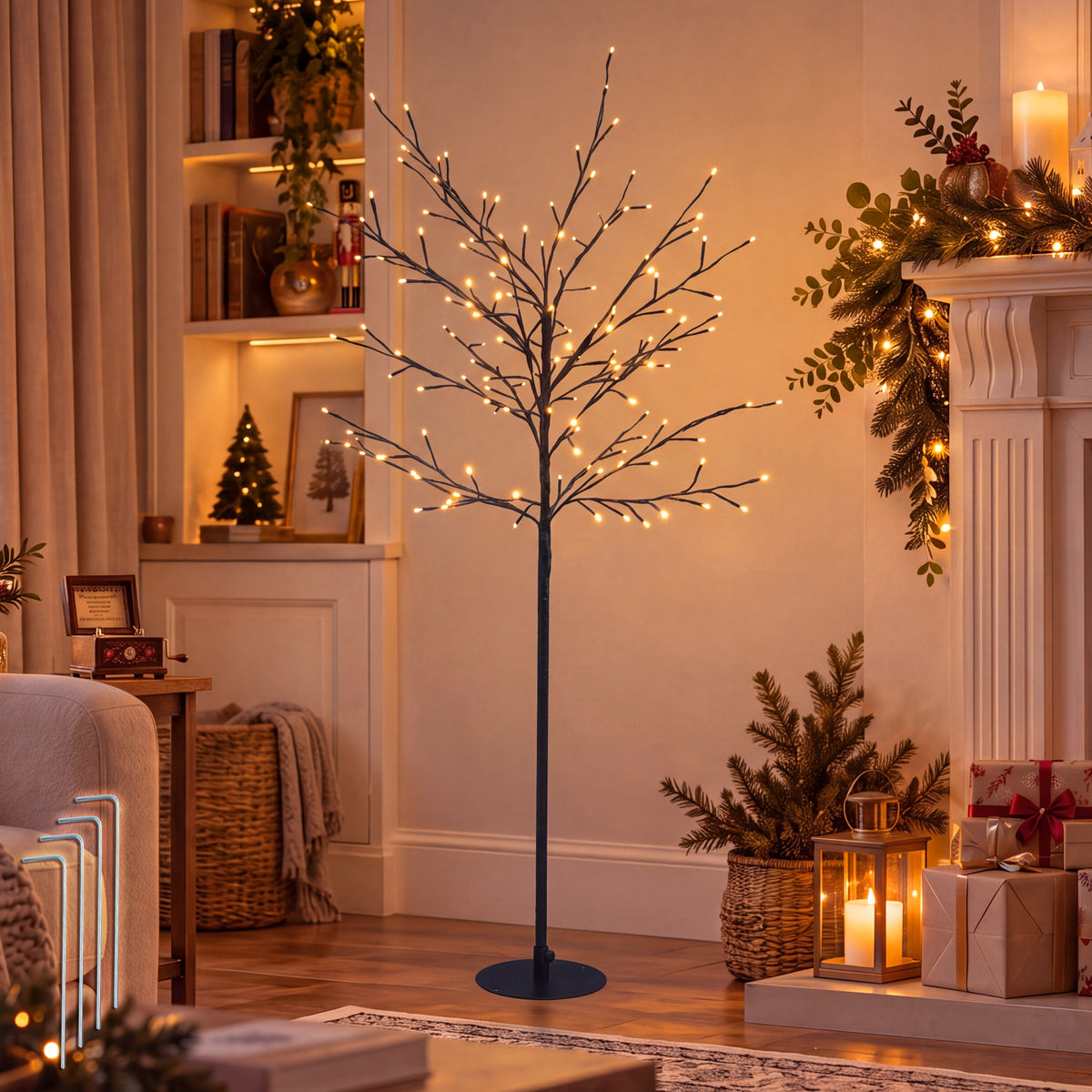 VeryMerry 5FT Birch Twig Tree with 160 Warm White LED Lights, Auto-Off Timer and 8 Lighting Modes, 5M Power Cable