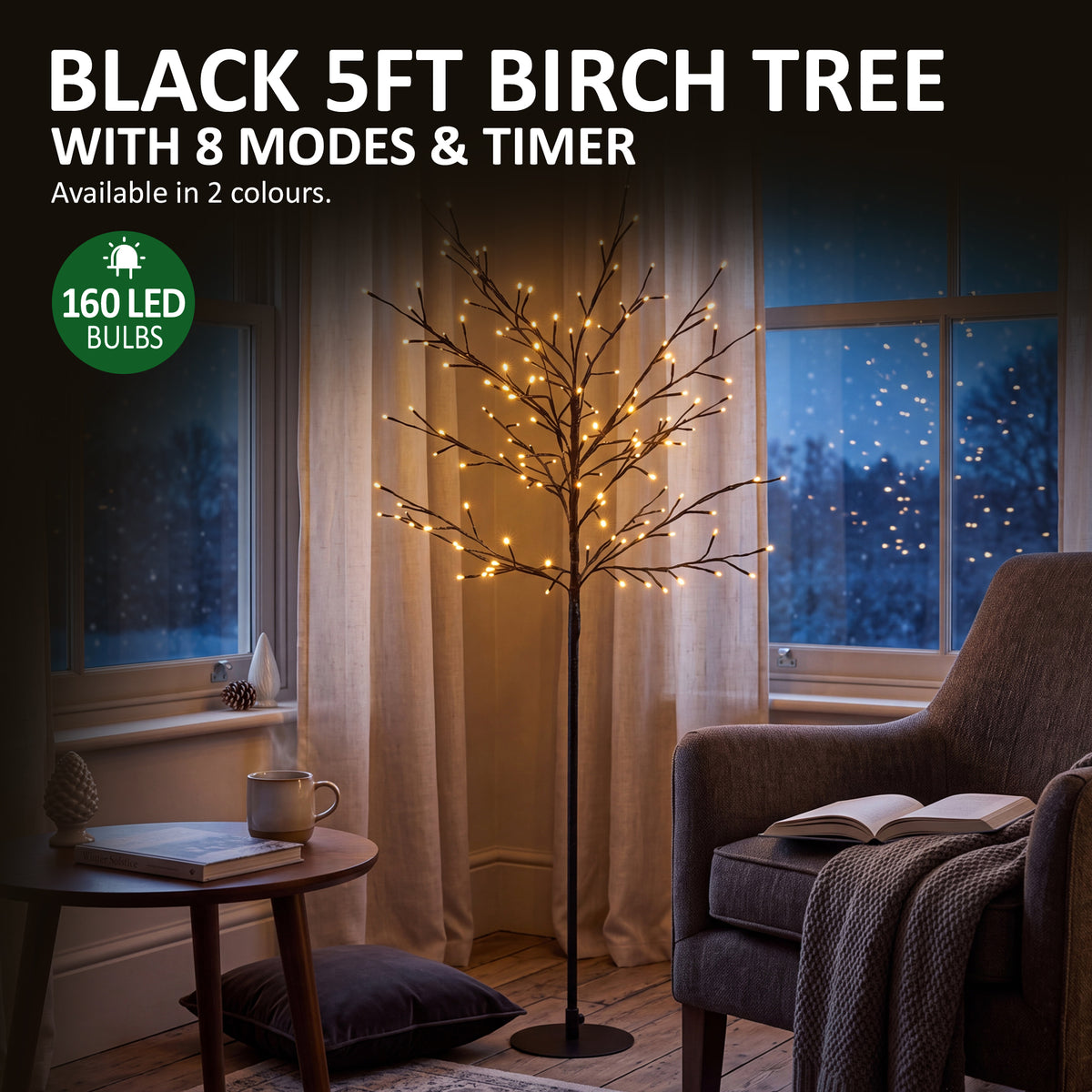 VeryMerry 5FT Birch Twig Tree with 160 Warm White LED Lights, Auto-Off Timer and 8 Lighting Modes, 5M Power Cable