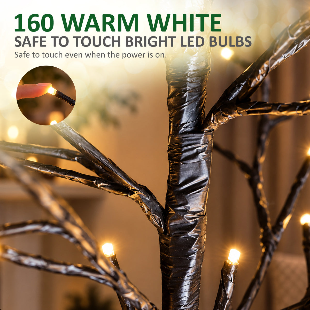 VeryMerry 5FT Birch Twig Tree with 160 Warm White LED Lights, Auto-Off Timer and 8 Lighting Modes, 5M Power Cable