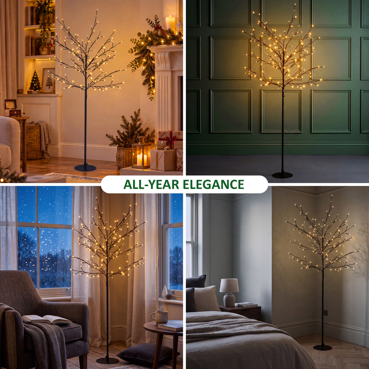 VeryMerry 5FT Birch Twig Tree with 160 Warm White LED Lights, Auto-Off Timer and 8 Lighting Modes, 5M Power Cable